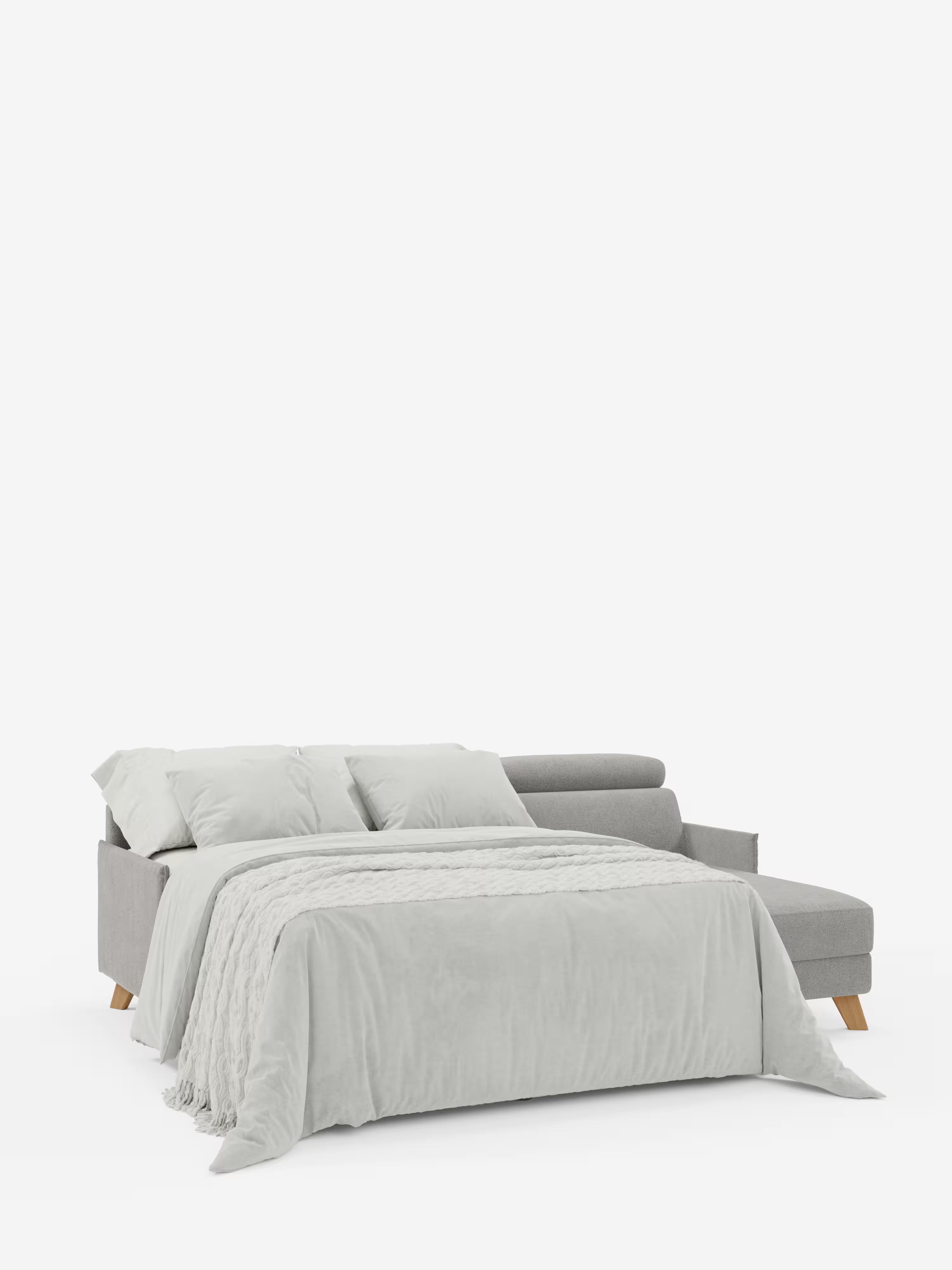 Il divano letto matrimoniale angolare Sole di Divani.Store, qui presentato nel tessuto antimacchia T23, è dotato di una pratica penisola contenitore e di poggiatesta regolabili. Questo moderno divano letto componibile grigio è esposto nella versione aperta, con un piumone grigio chiaro e due cuscini coordinati. Le linee pulite e il design minimalista incarnano l’eleganza dello stile scandinavo, mentre lo sfondo bianco a tinta unita ne accentua la sofisticata semplicità.
