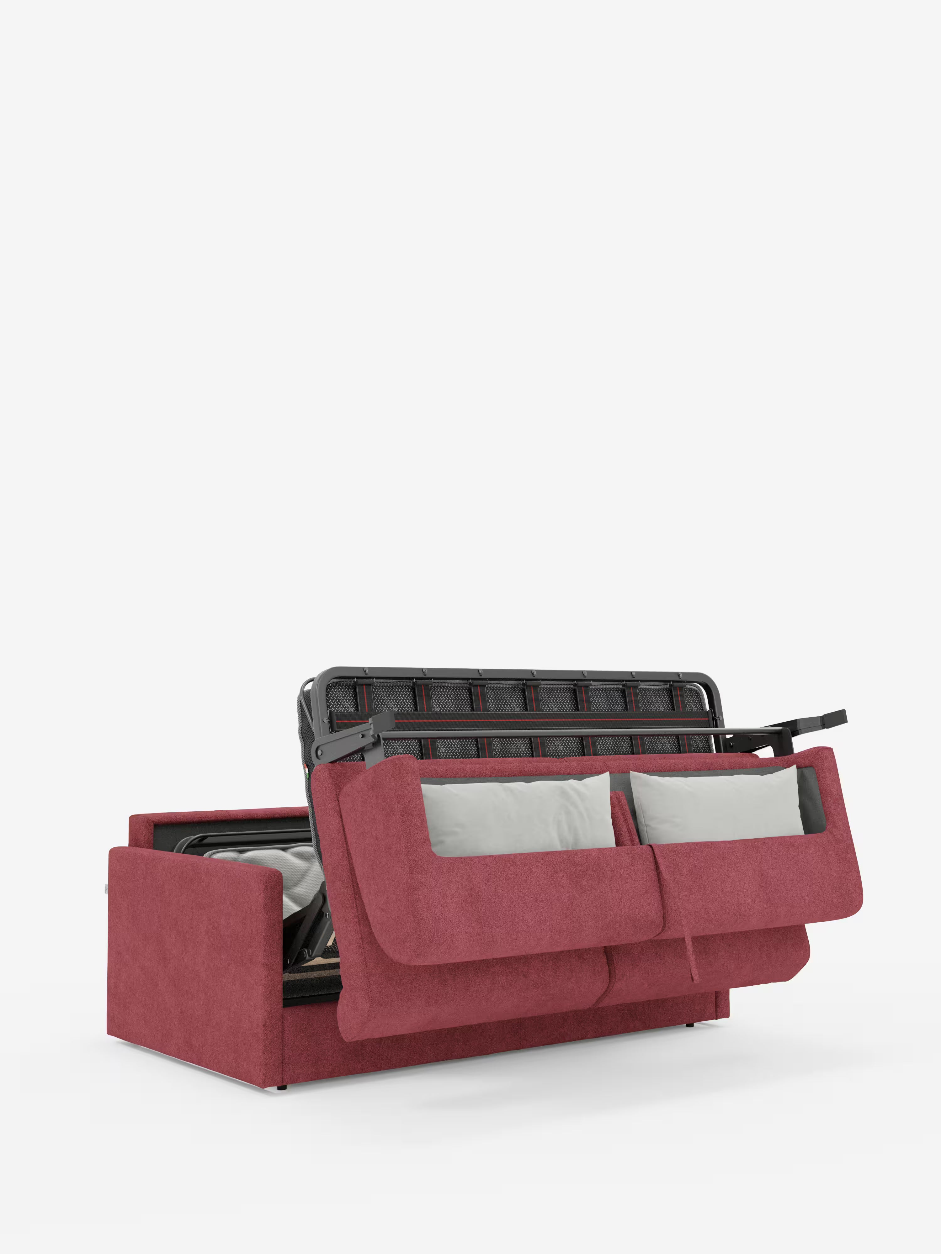 Un divano letto rosso Tommy Divano a 2 e 3 posti matrimoniale di Divani.Store, realizzato in tessuto T33 simile al cotone e resistente alle macchie, con braccioli dal design sottile, è raffigurato con la parte letto estraibile parzialmente aperta, a rivelare due cuscini di seduta grigio chiaro e una struttura in metallo nero su uno sfondo bianco a tinta unita. Questo divano letto compatto è completamente sfoderabile per una facile pulizia e una maggiore praticità.