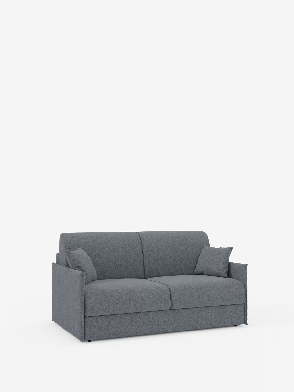 Vi presentiamo il divano letto matrimoniale sfoderabile Evans di Divani.Store: un divano moderno in tessuto grigio dal design compatto, con due cuscini di seduta e due cuscini di schienale. Realizzato in tessuto T23 facile da pulire, presenta braccioli dritti ed è corredato da due cuscini quadrati abbinati. Con il suo vano porta cuscini integrato e la silhouette slanciata, questo versatile divano letto è l'ideale per garantire comfort e praticità in qualsiasi ambiente, come mostra l'immagine su sfondo