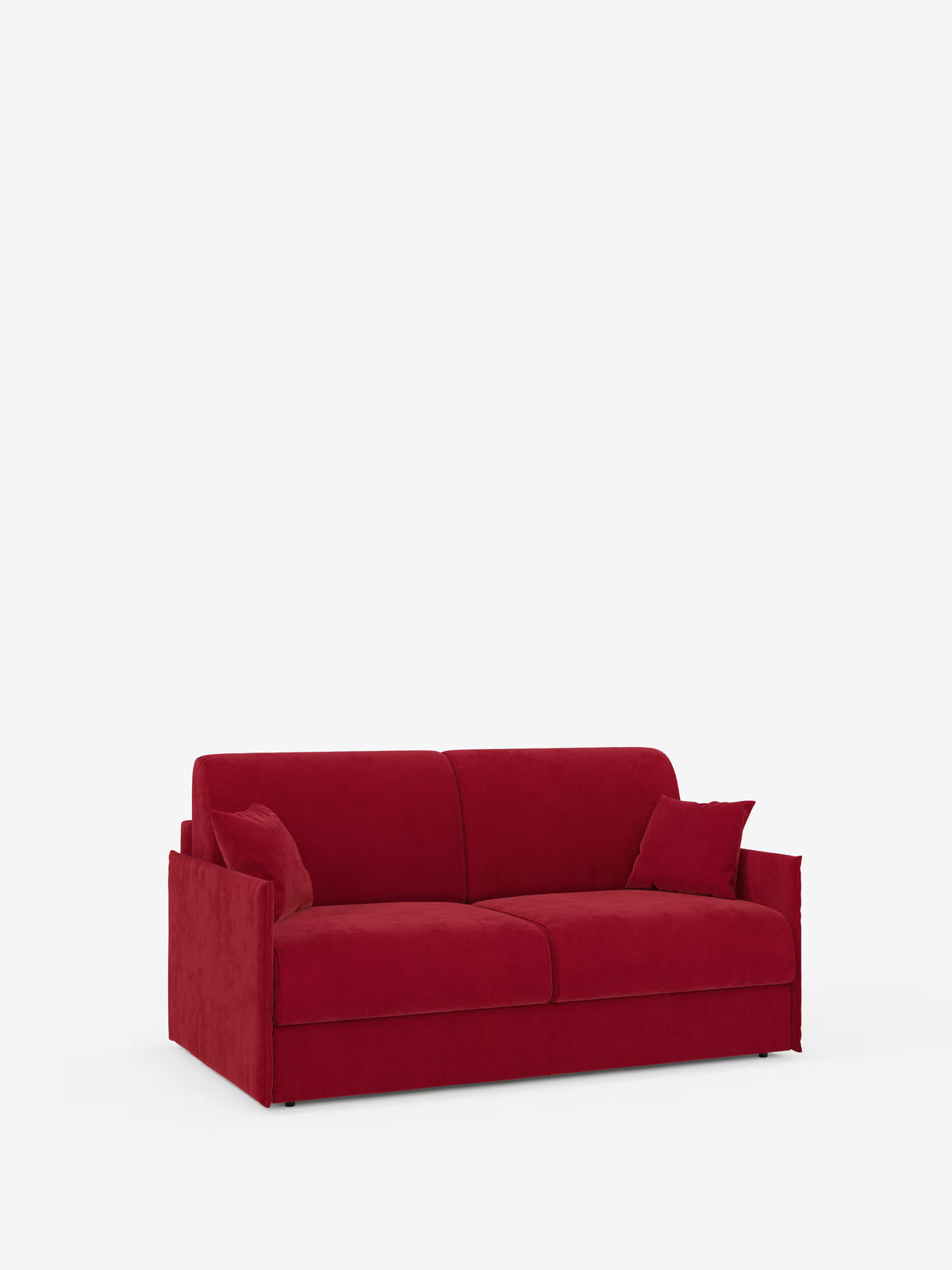 Il divano letto matrimoniale sfoderabile Evans di Divani.Store presenta un design compatto con rivestimento in velluto rosso, braccioli bassi e leggermente inclinati, due cuscini di seduta e due cuscini decorativi abbinati. Questo divano letto è raffigurato su uno sfondo bianco a tinta unita e include un pratico vano porta-cuscini e un tessuto T23 resistente alle macchie.