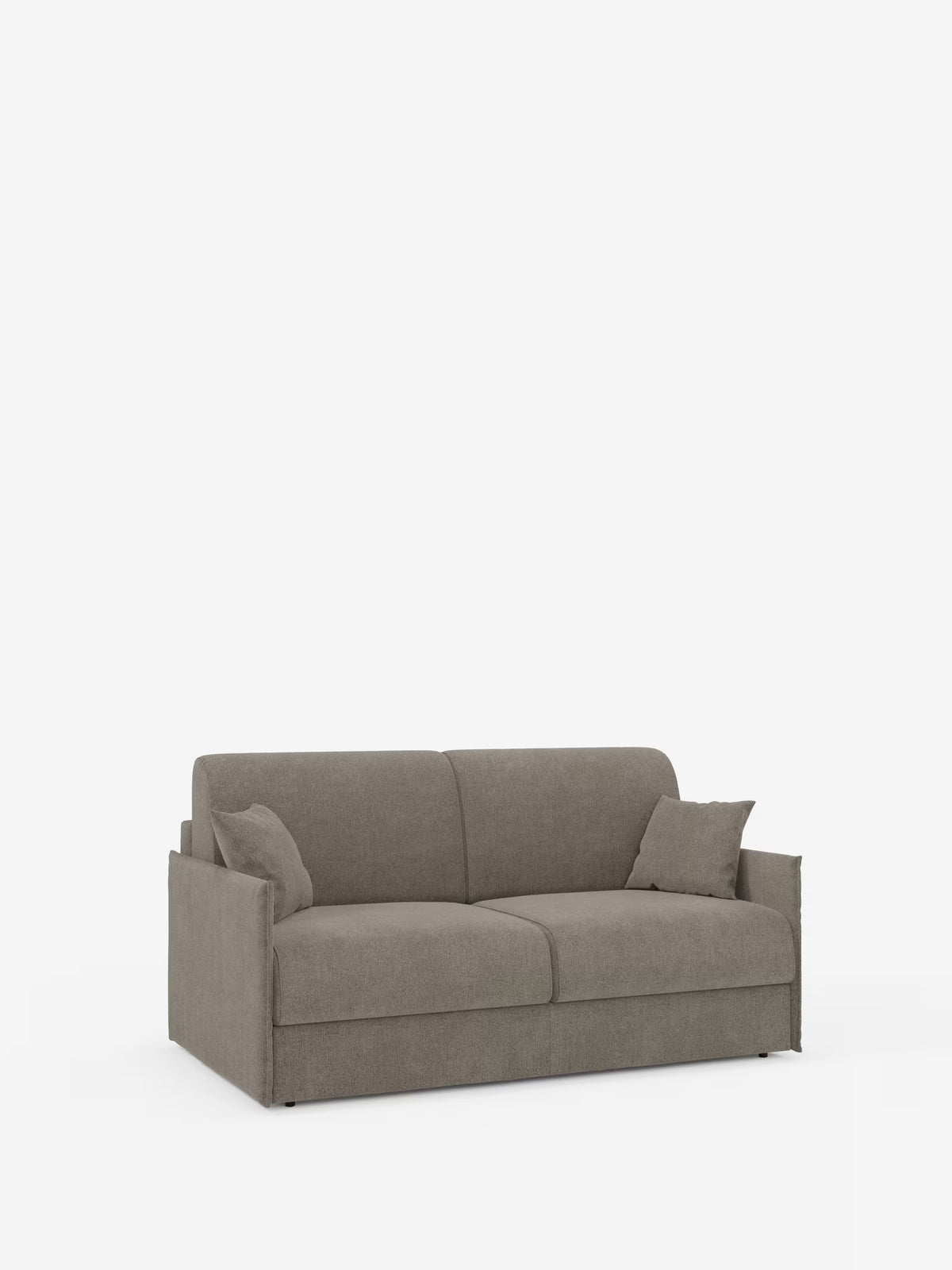 Vi presentiamo il divano letto matrimoniale sfoderabile Evans di Divani.Store: un divano letto compatto e moderno di colore grigio, caratterizzato da due cuscini quadrati su ciascun lato, braccioli dritti e un design minimalista. Realizzato in tessuto T23 smacchiabile e dotato di un pratico vano porta guanciali, questo elegante complemento d’arredo è raffigurato su uno sfondo bianco a tinta unita, senza ulteriori decorazioni.
