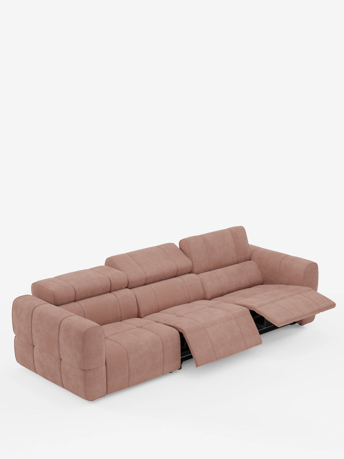 Giotto, divano modulare a 4 posti con poggiatesta reclinabili e funzione relax elettrica opzionale, rivestito in tessuto smacchiabile T23: un divano modulare contemporaneo color rosa antico con finitura trapuntata, poggiatesta regolabili e due sezioni con poggiapiedi rialzati.