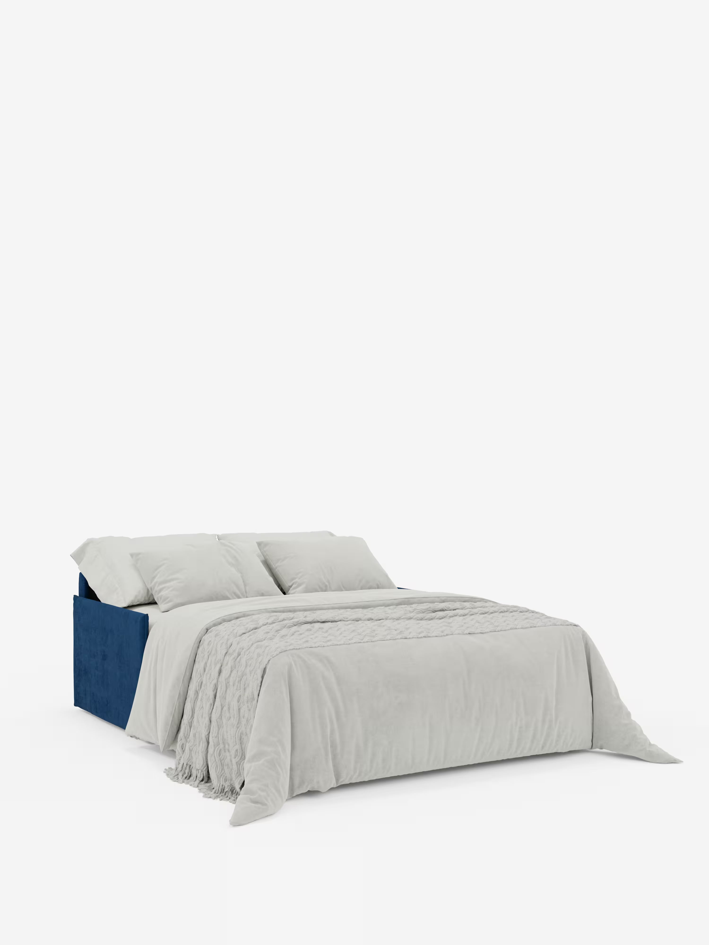 Il divano letto Miryam di Divani.Store si distingue per il suo design moderno e compatto, con una struttura imbottita di colore blu in tessuto smacchiabile T31, due grandi cuscini bianchi, un piumone e una coperta grigio chiaro. Caratterizzato da uno stile minimalista e contemporaneo, il letto è rifinito con cura, dotato di poggiatesta regolabili e posto su uno sfondo bianco a tinta unita.