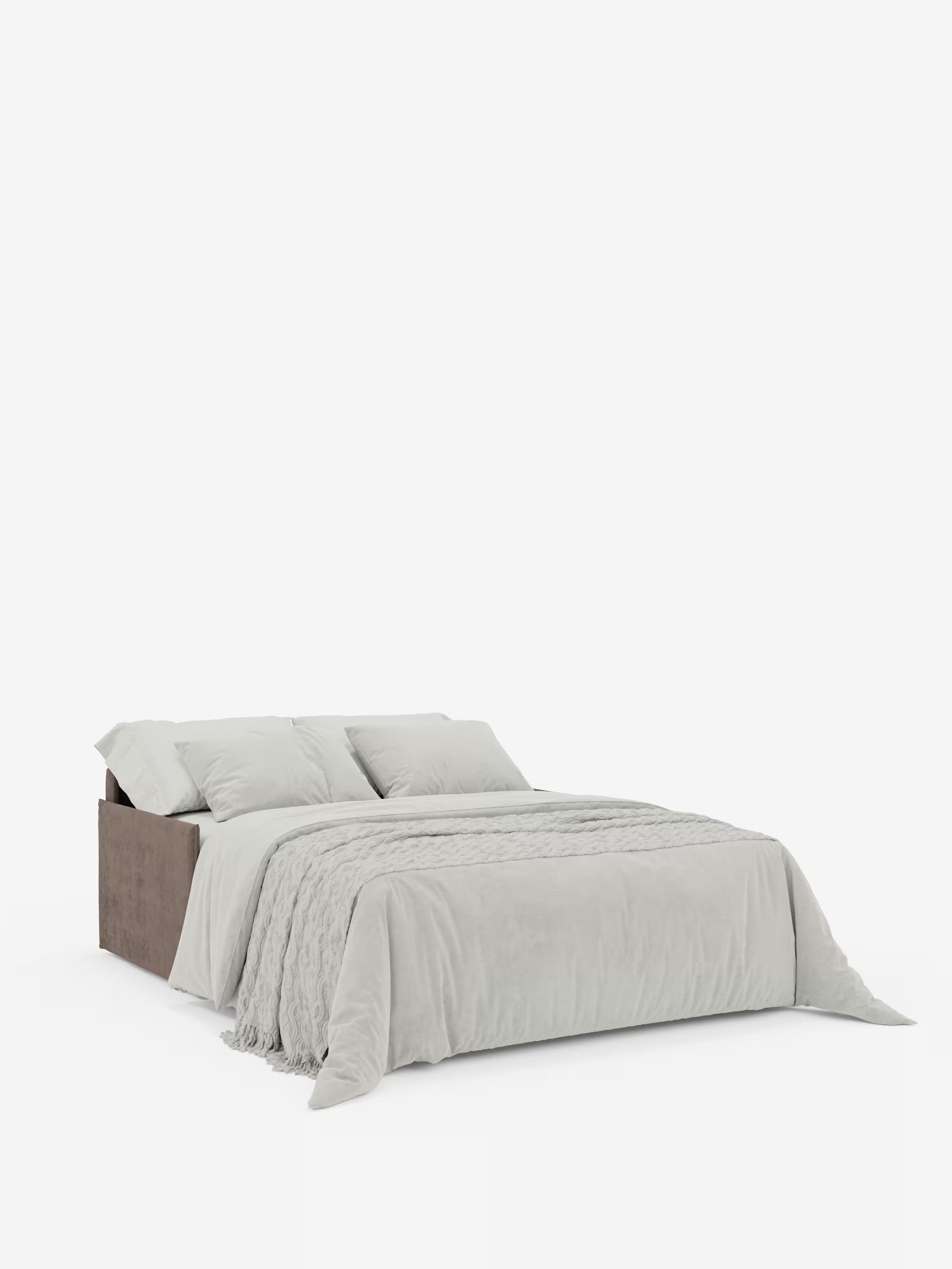 Un divano letto Miryam con poggiatesta reclinabili e massimo comfort di Divani.Store, caratterizzato da un design compatto in morbido tessuto smacchiabile T31 color marrone, è presentato su uno sfondo bianco. Il letto è completato da lenzuola bianche, un plaid testurizzato grigio chiaro e quattro cuscini bianchi, per un effetto soffice e leggermente vissuto che esprime perfettamente uno stile minimal contemporaneo.