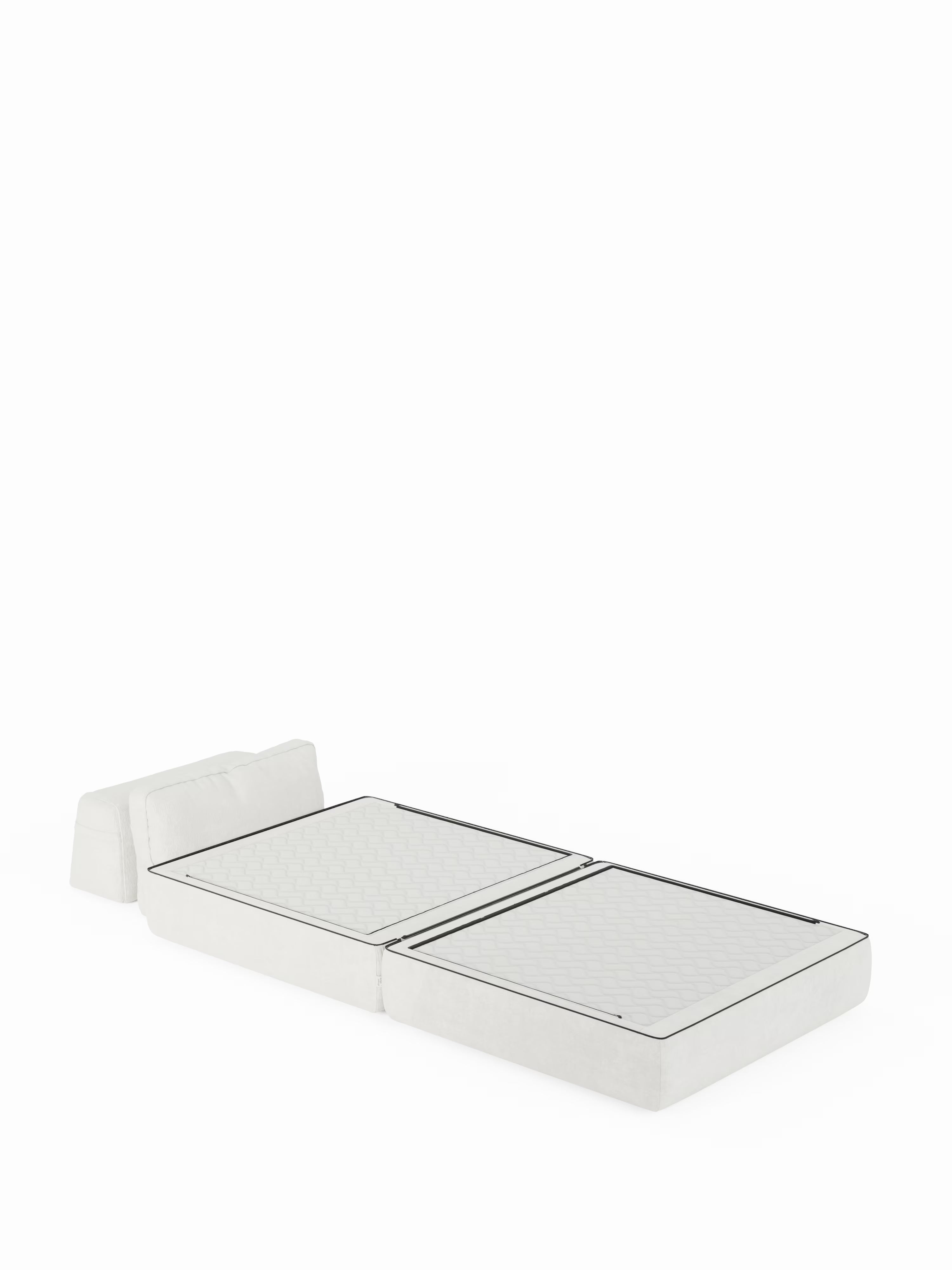 La poltrona letto Divani.Store Rift con materasso alto 22 cm e memory foam - schienale mobile e tessuto smacchiabile T31 è raffigurata in posizione distesa, trasformata in letto. Il suo design minimalista in schiuma bianca presenta due cuscini di seduta rettangolari e uno schienale mobile che funge da cuscino o poggiatesta. La silhouette semplice e moderna di questa poltrona letto è messa in risalto su uno sfondo bianco a tinta unita.