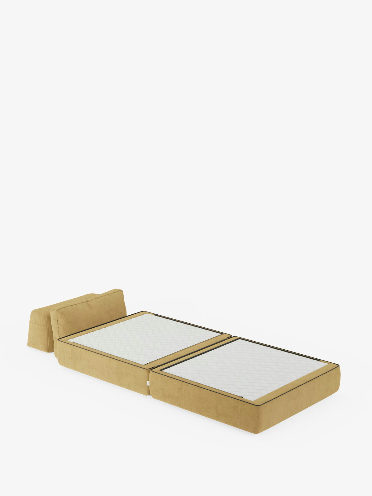 La poltrona letto Rift con materasso alto 24 cm e memory foam di Divani.Store, rivestita in tessuto T31 giallo senape antimacchia, è raffigurata in posizione distesa da letto con due sezioni separate del materasso e uno schienale mobile ribassato, su uno sfondo bianco a tinta unita.