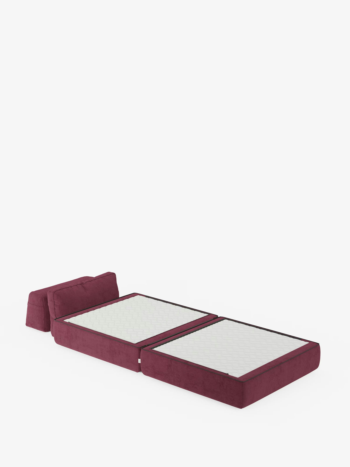 Una poltrona letto Rift color bordeaux con materasso alto 24 cm e memory foam di Divani.Store si apre completamente assumendo una posizione piana. Lo schienale mobile giace disteso su un'estremità, formando un poggiatesta, mentre due sezioni del materasso con la parte superiore trapuntata di bianco creano la superficie del letto. Il divano letto è rivestito in tessuto smacchiabile T31 e si staglia su uno sfondo bianco a tinta unita.