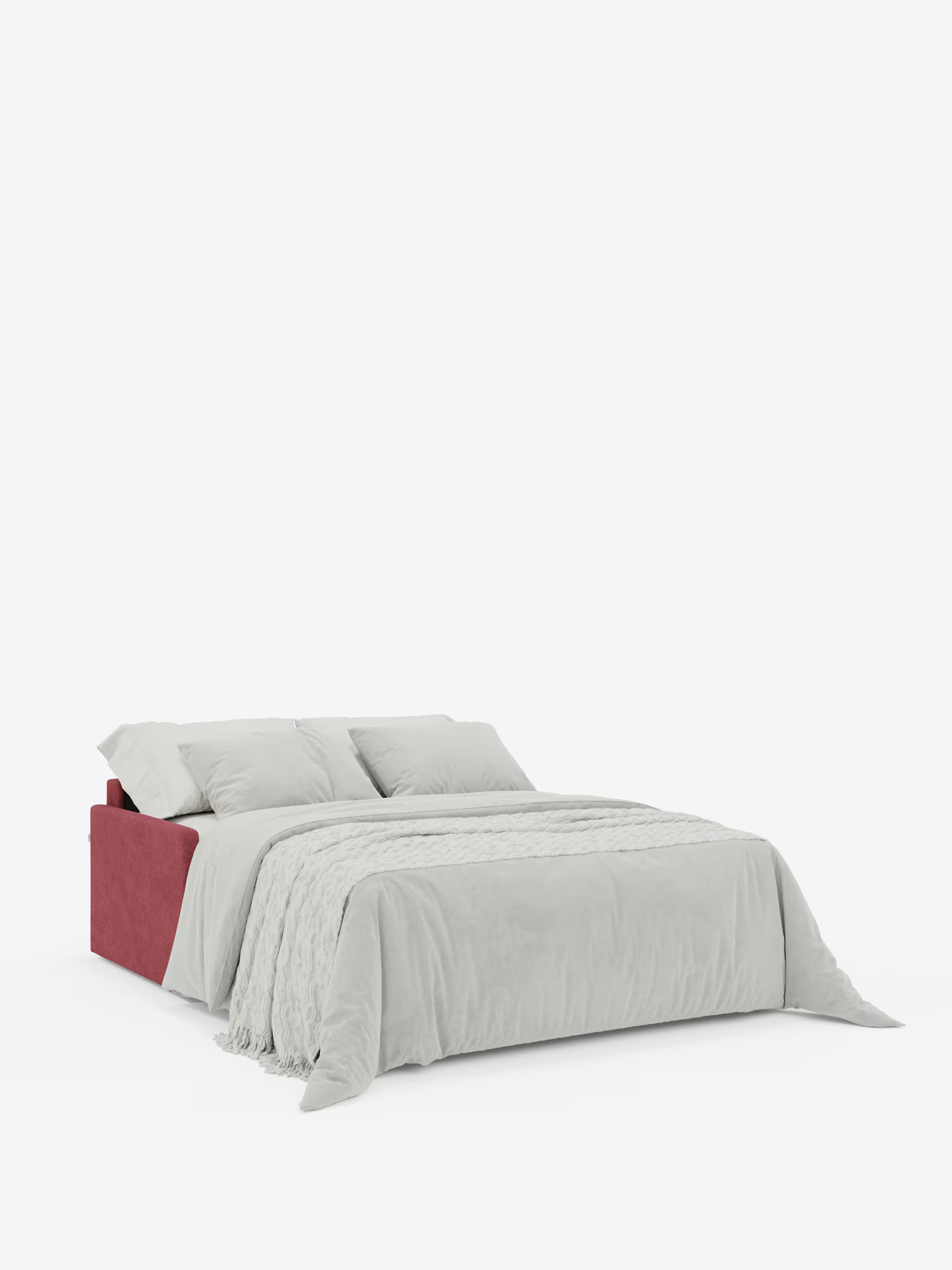Un letto moderno, il Tommy Divano letto a 2 e 3 posti matrimoniale di Divani.Store, presenta una struttura imbottita di colore rosso rivestita in tessuto T33, simile al cotone e facile da pulire. Il letto è rifinito con cura con biancheria da letto e cuscini grigio chiaro, che richiamano l’aspetto elegante di un divano letto compatto e contemporaneo. Una coperta grigia dalla trama rigata è drappeggiata sul letto, su uno sfondo bianco a tinta unita e vista da un’angolazione frontale.