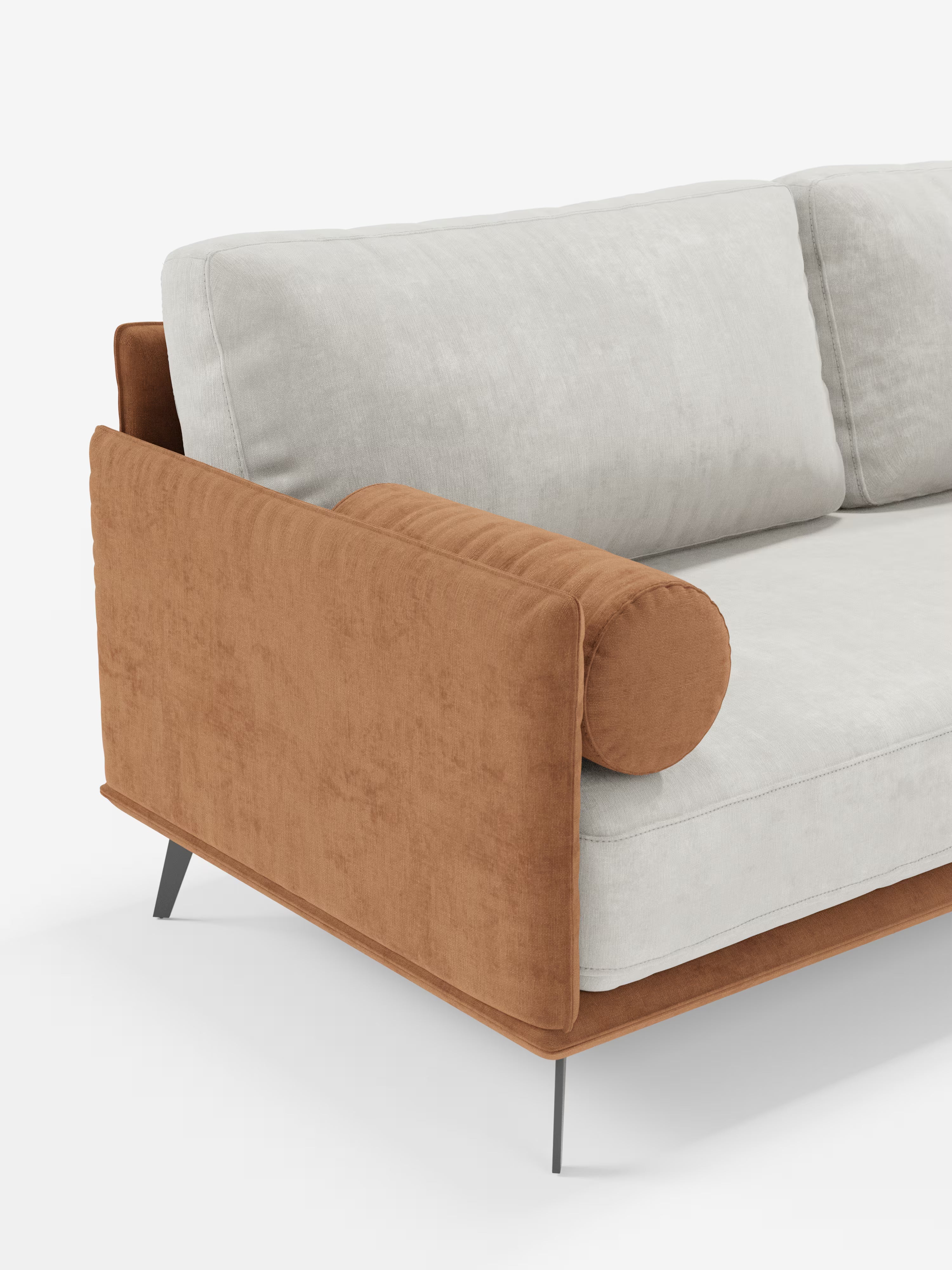 Il divano Basalto a 2 o 3 posti bicolore di Divani.Store presenta un design elegante e contemporaneo, con seduta e schienale imbottiti di colore bianco, realizzati in tessuto T31 antimacchia e imbottiti in piuma d’oca. I braccioli, i fianchi e un cuscino cilindrico in velluto marrone chiaro creano un contrasto di grande effetto, mentre le sottili gambe in metallo scuro completano questo elegante divano moderno su uno sfondo bianco minimalista.
