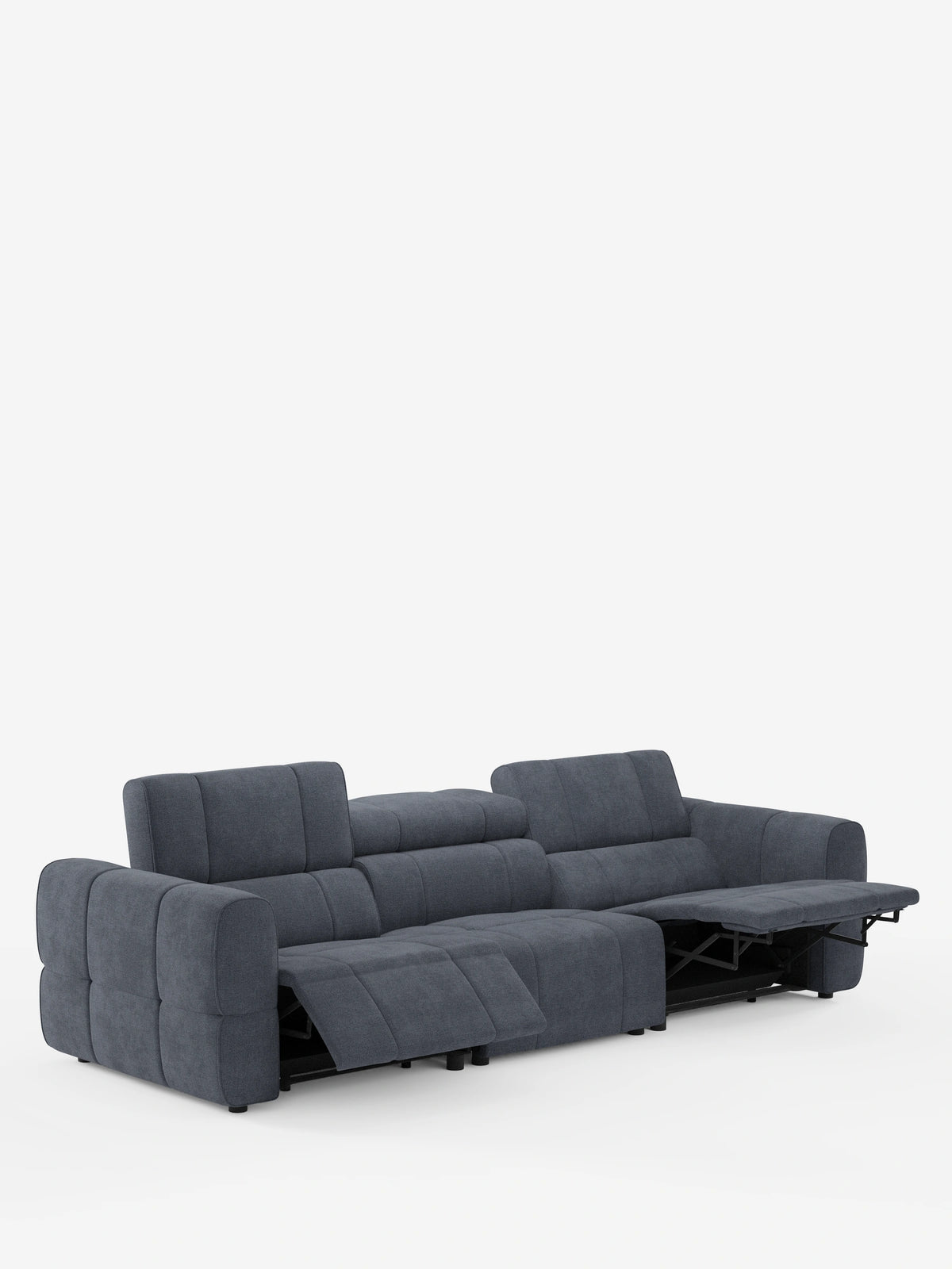 Un divano modulare Giotto grigio scuro a quattro posti con poggiatesta reclinabili e funzione relax elettrica opzionale, rivestito in tessuto smacchiabile T23, in configurazione a quattro posti, con due sezioni reclinabili che lasciano intravedere i meccanismi metallici e i poggiatesta regolabili.