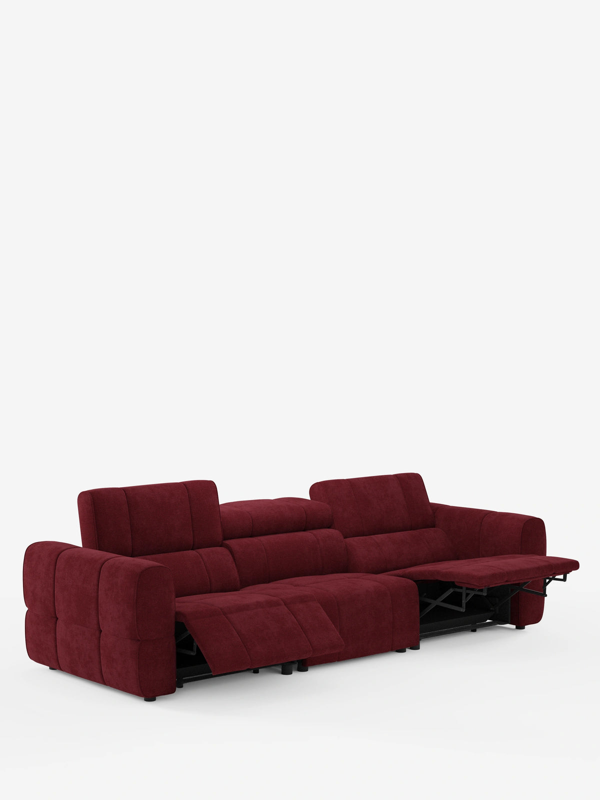 Un divano modulare Giotto a quattro posti di colore rosso intenso, con poggiatesta reclinabili e funzione relax elettrica opzionale, rivestito in tessuto smacchiabile T23, con poggiatesta regolabili e due poggiapiedi parzialmente estensibili su sfondo bianco.