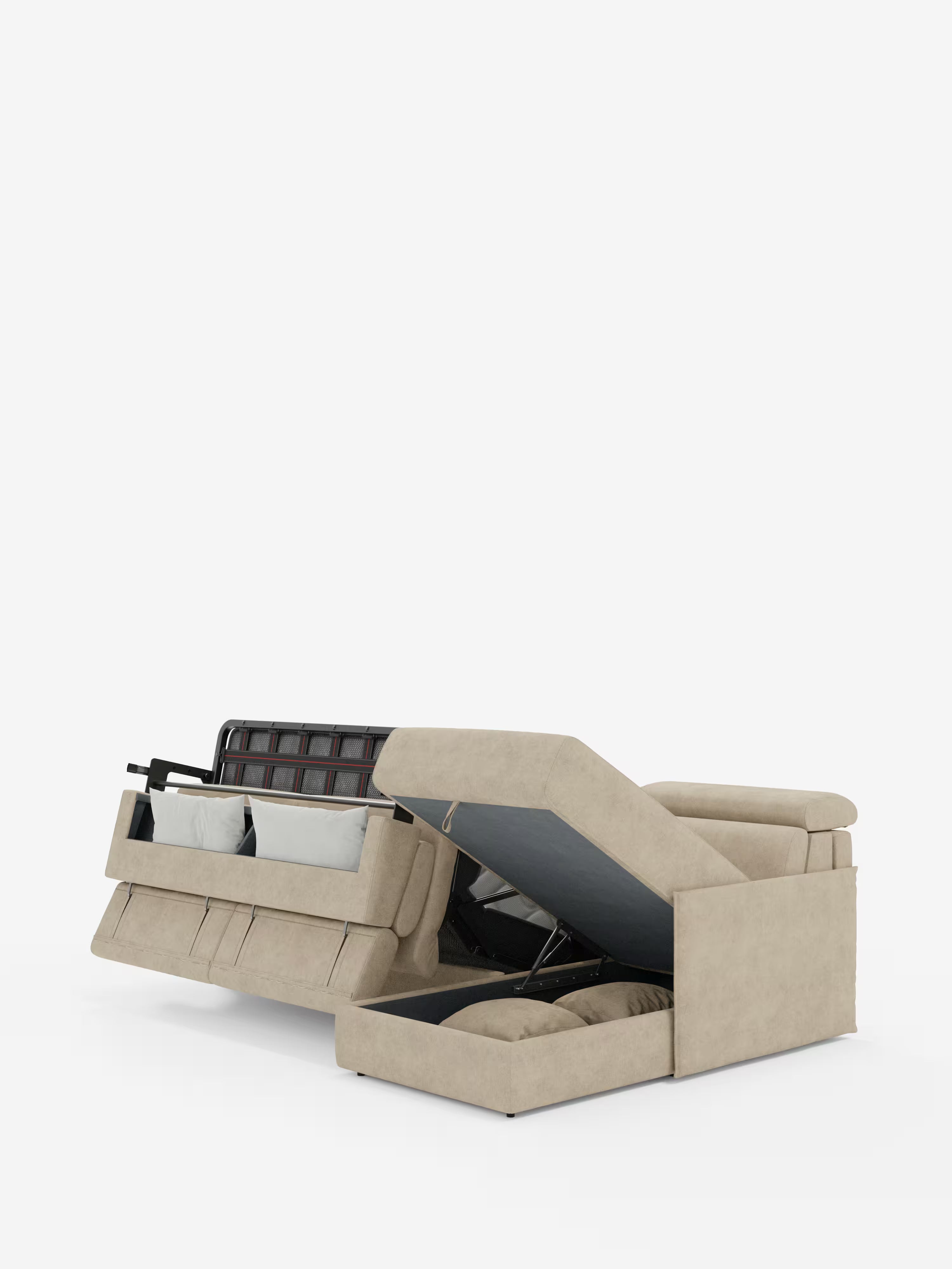 Miryam canapé convertible d'angle compact - têtières inclinables et méridienne coffre en tissu détachable T31