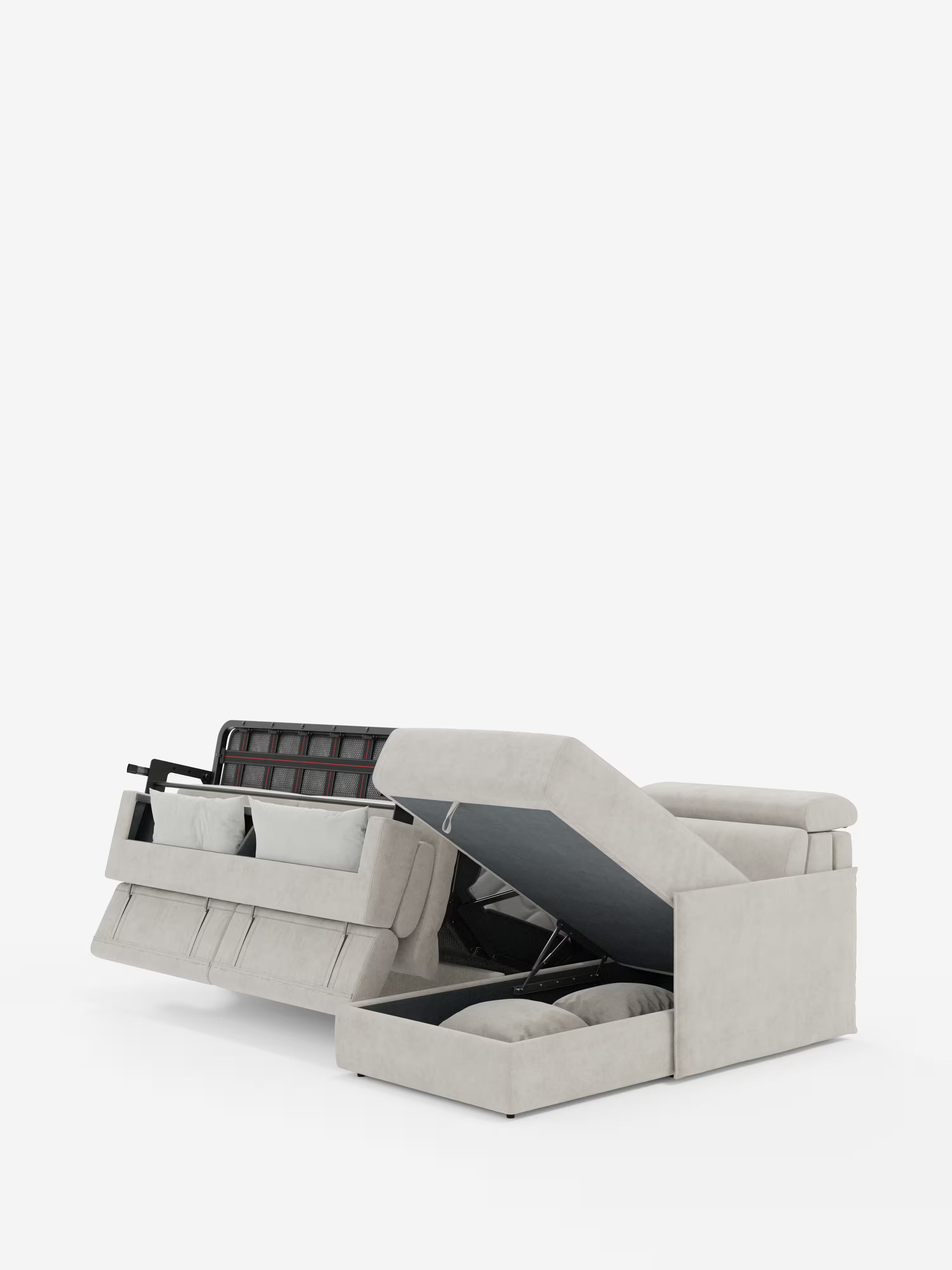 Miryam canapé convertible d'angle compact - têtières inclinables et méridienne coffre en tissu détachable T31