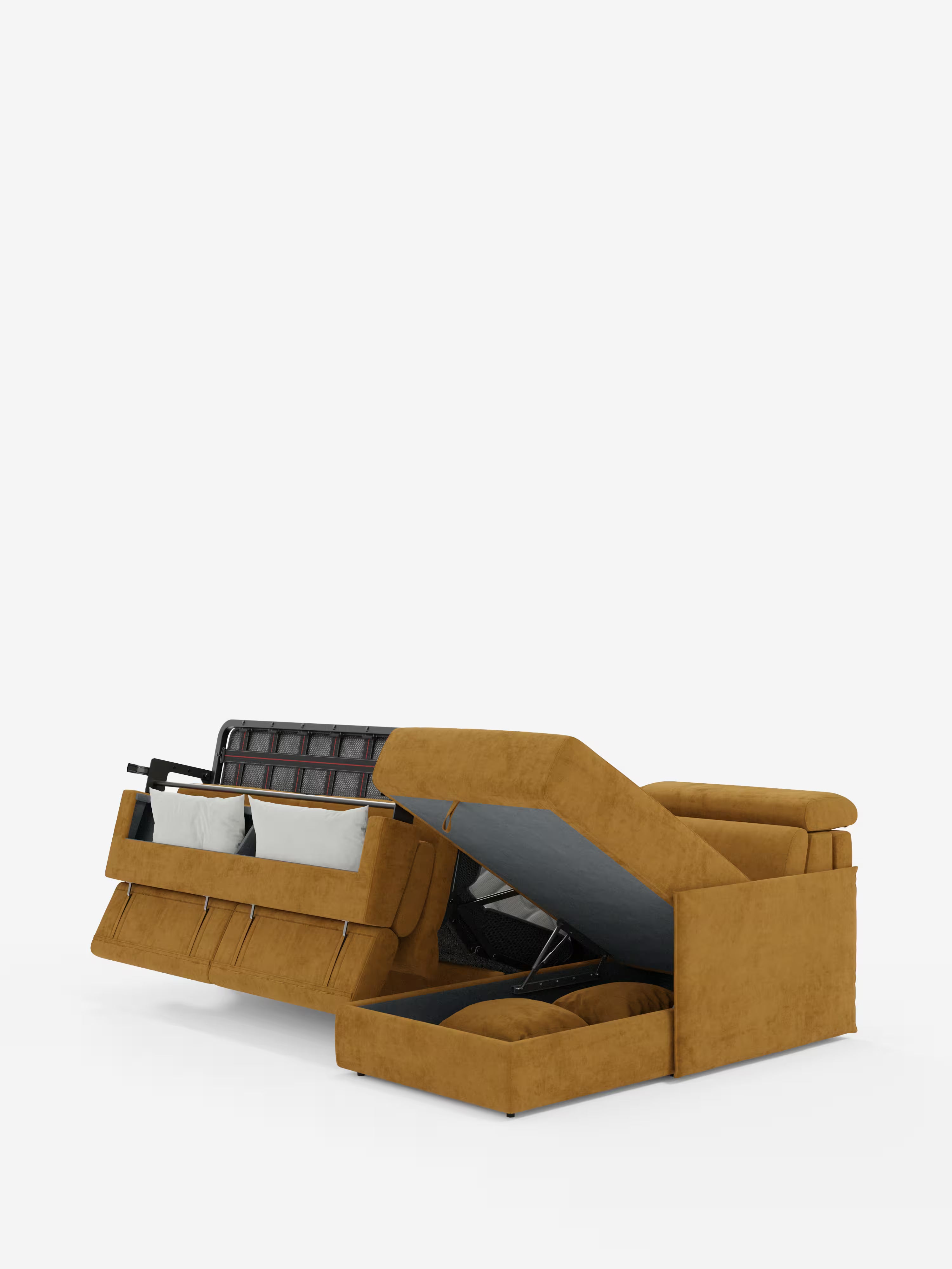 Miryam canapé convertible d'angle compact - têtières inclinables et méridienne coffre en tissu détachable T31