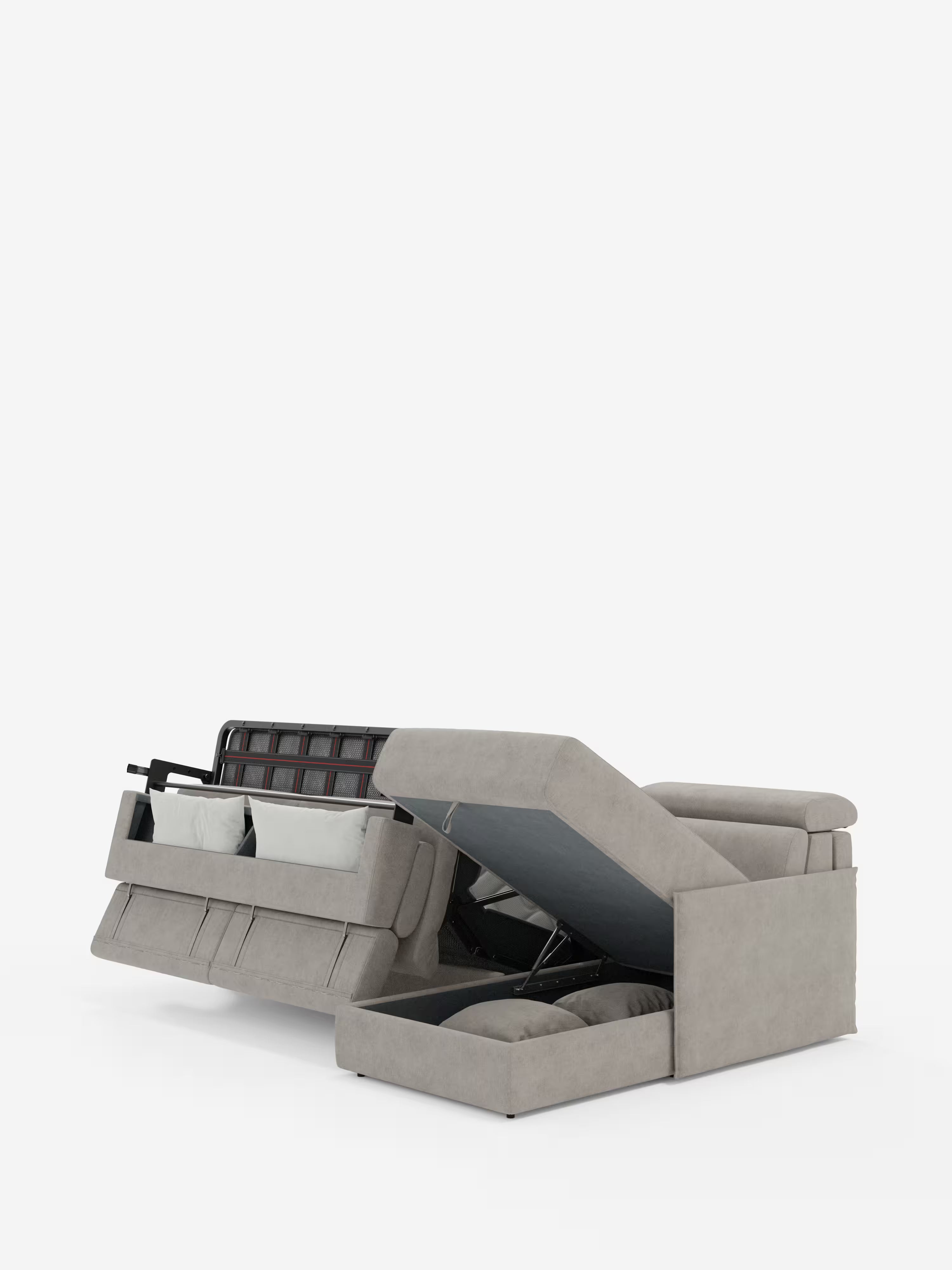 Miryam canapé convertible d'angle compact - têtières inclinables et méridienne coffre en tissu détachable T31