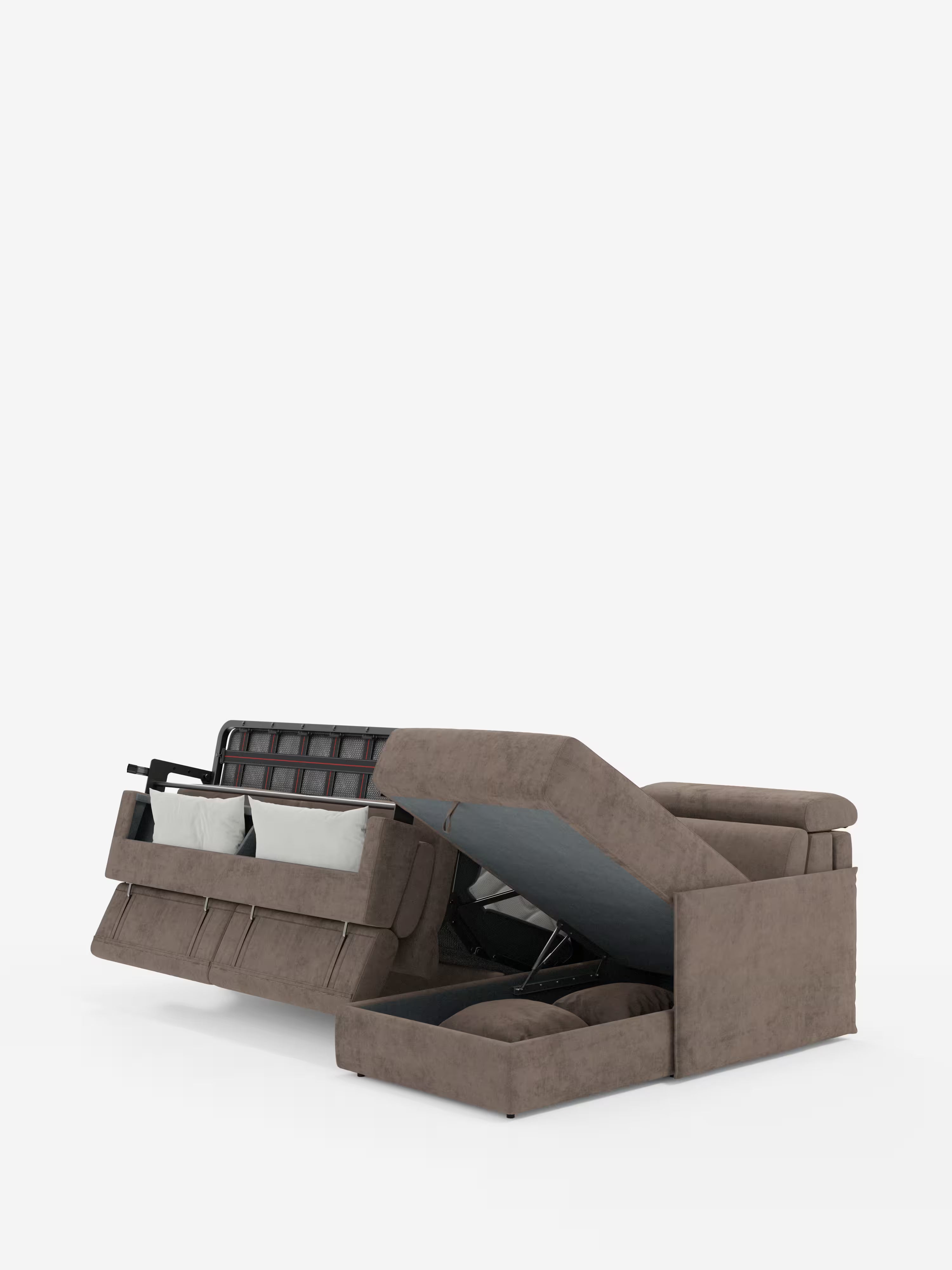 Miryam canapé convertible d'angle compact - têtières inclinables et méridienne coffre en tissu détachable T31