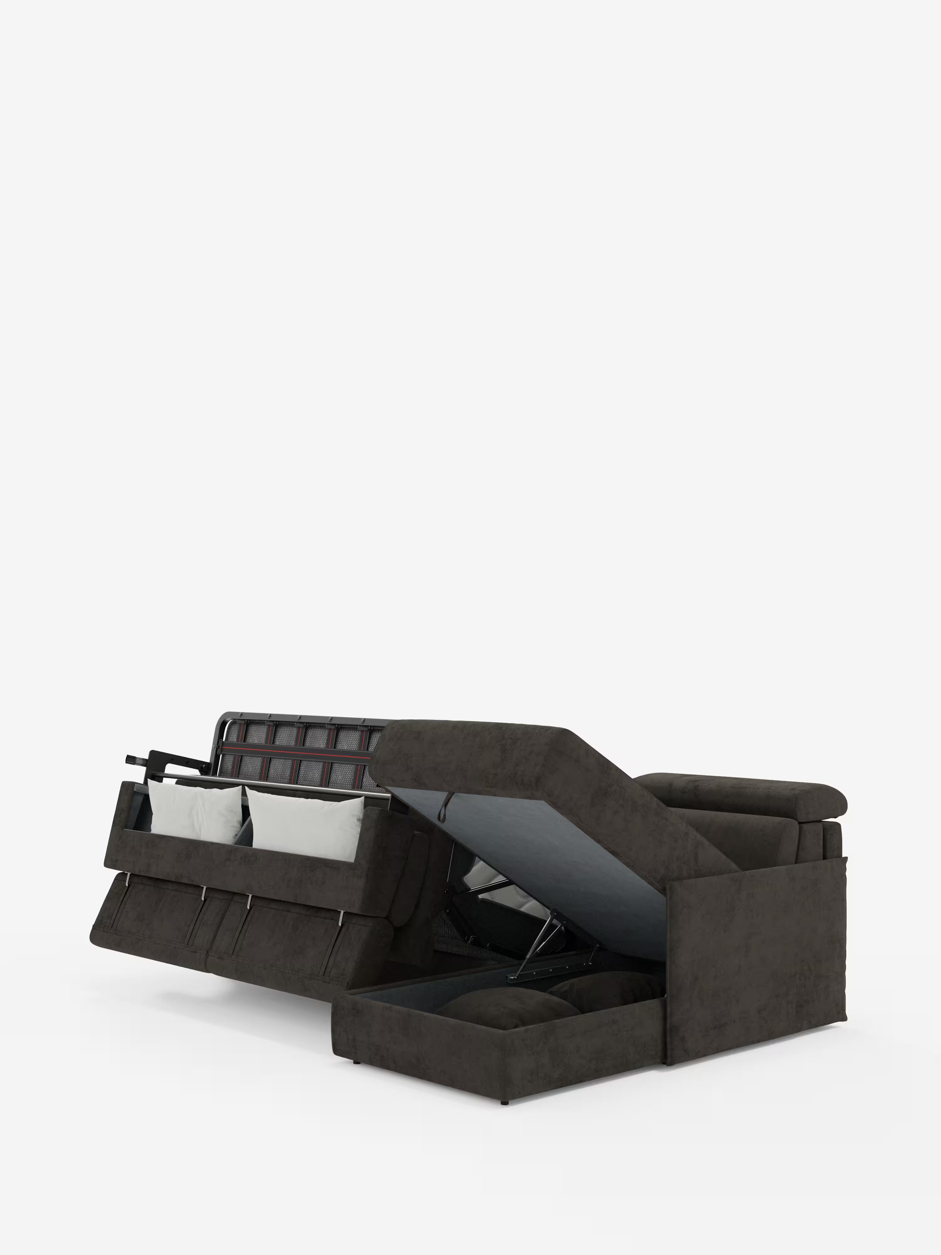 Miryam canapé convertible d'angle compact - têtières inclinables et méridienne coffre en tissu détachable T31