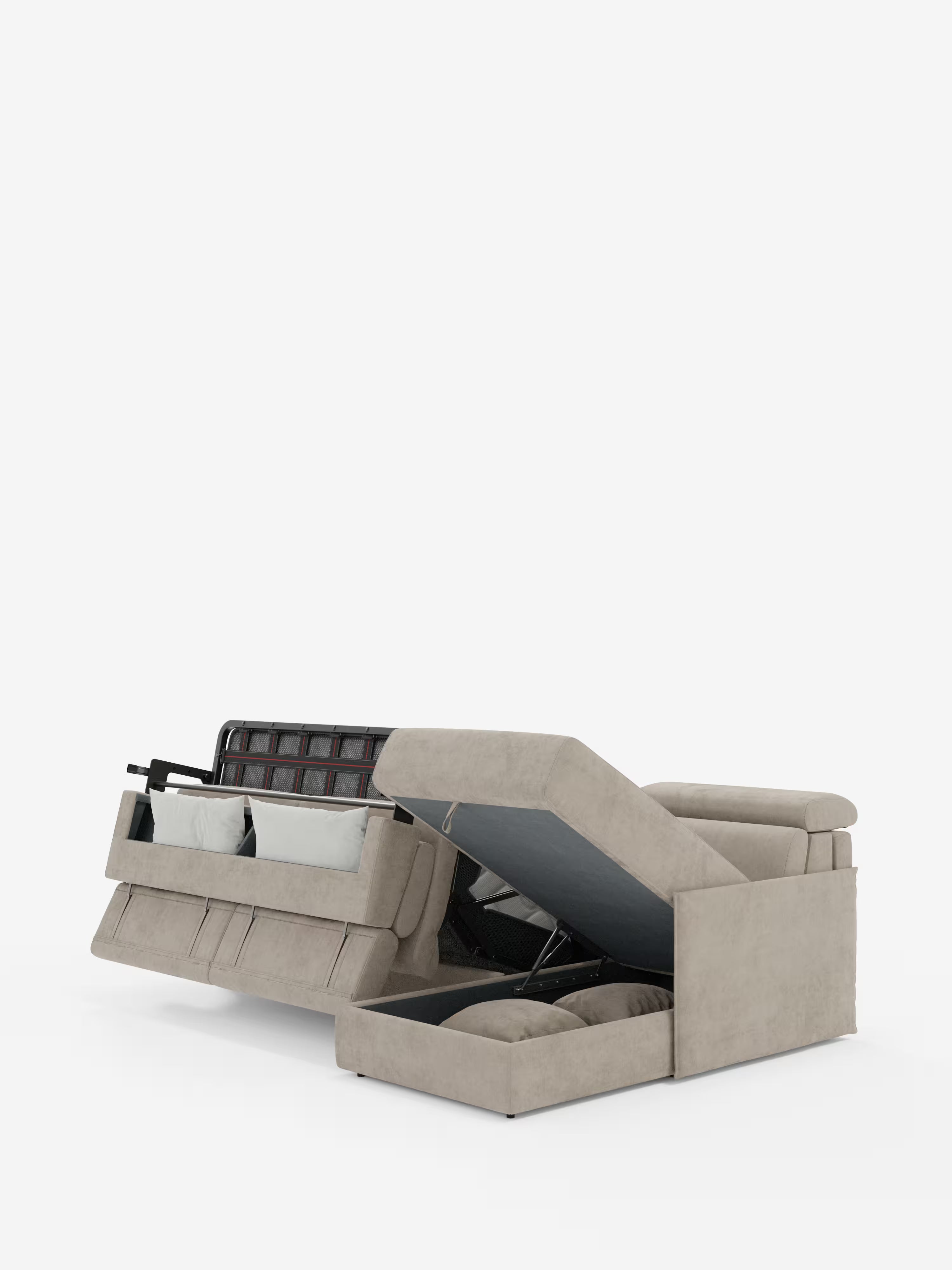 Miryam canapé convertible d'angle compact - têtières inclinables et méridienne coffre en tissu détachable T31