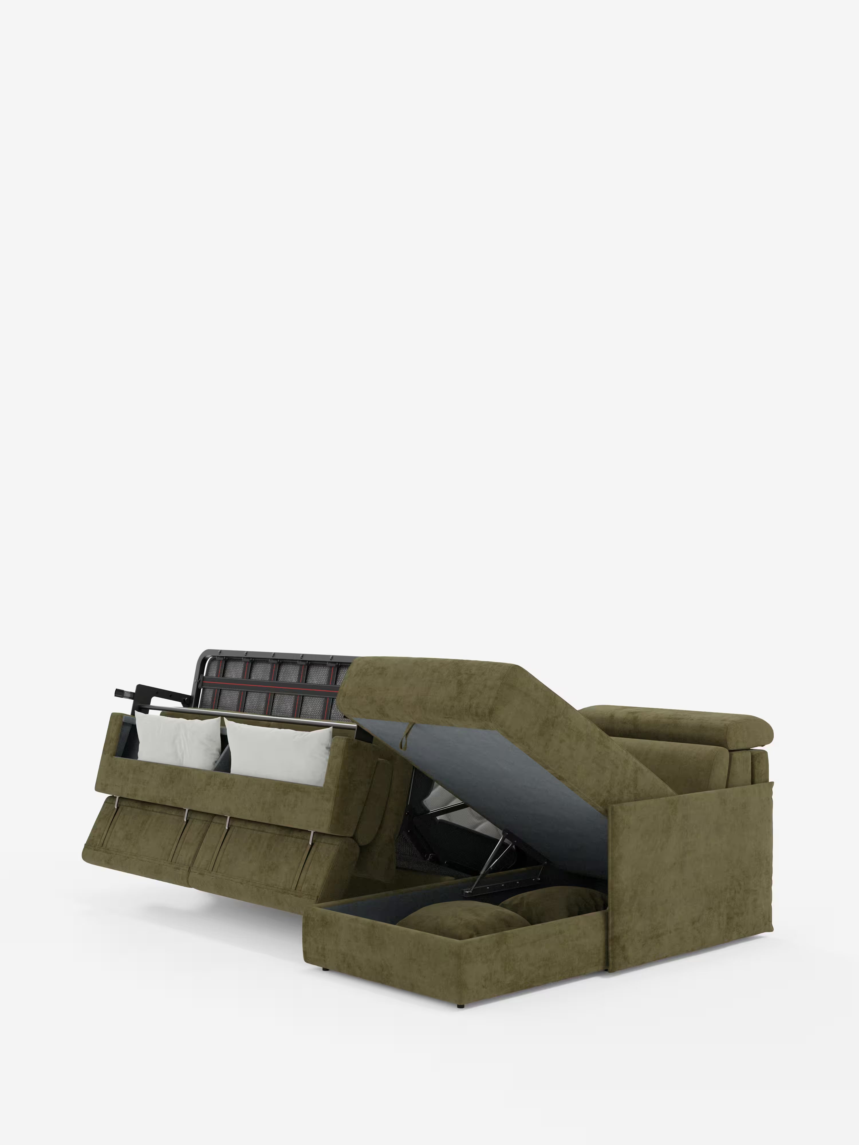 Miryam canapé convertible d'angle compact - têtières inclinables et méridienne coffre en tissu détachable T31