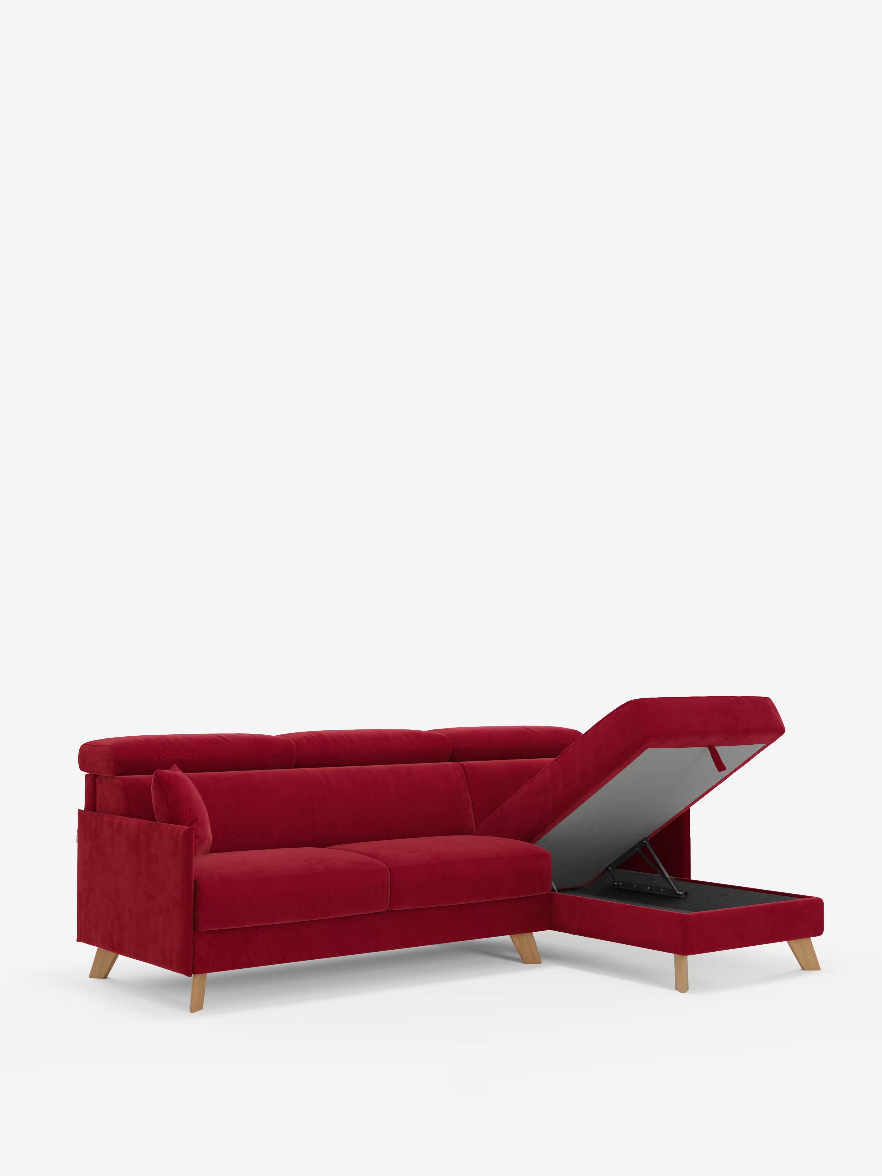 Vi presentiamo il divano letto matrimoniale angolare Sole di Divani.Store, rivestito in moderno tessuto rosso smacchiabile T23. Questo elegante divano è dotato di gambe in legno e di una chaise longue sul lato destro con una penisola contenitore che, una volta sollevata, rivela un vano portaoggetti nascosto al suo interno. Ispirato allo stile scandinavo, offre inoltre poggiatesta reclinabili per un comfort ancora maggiore. L’immagine è ambientata su uno sfondo bianco a tinta unita.