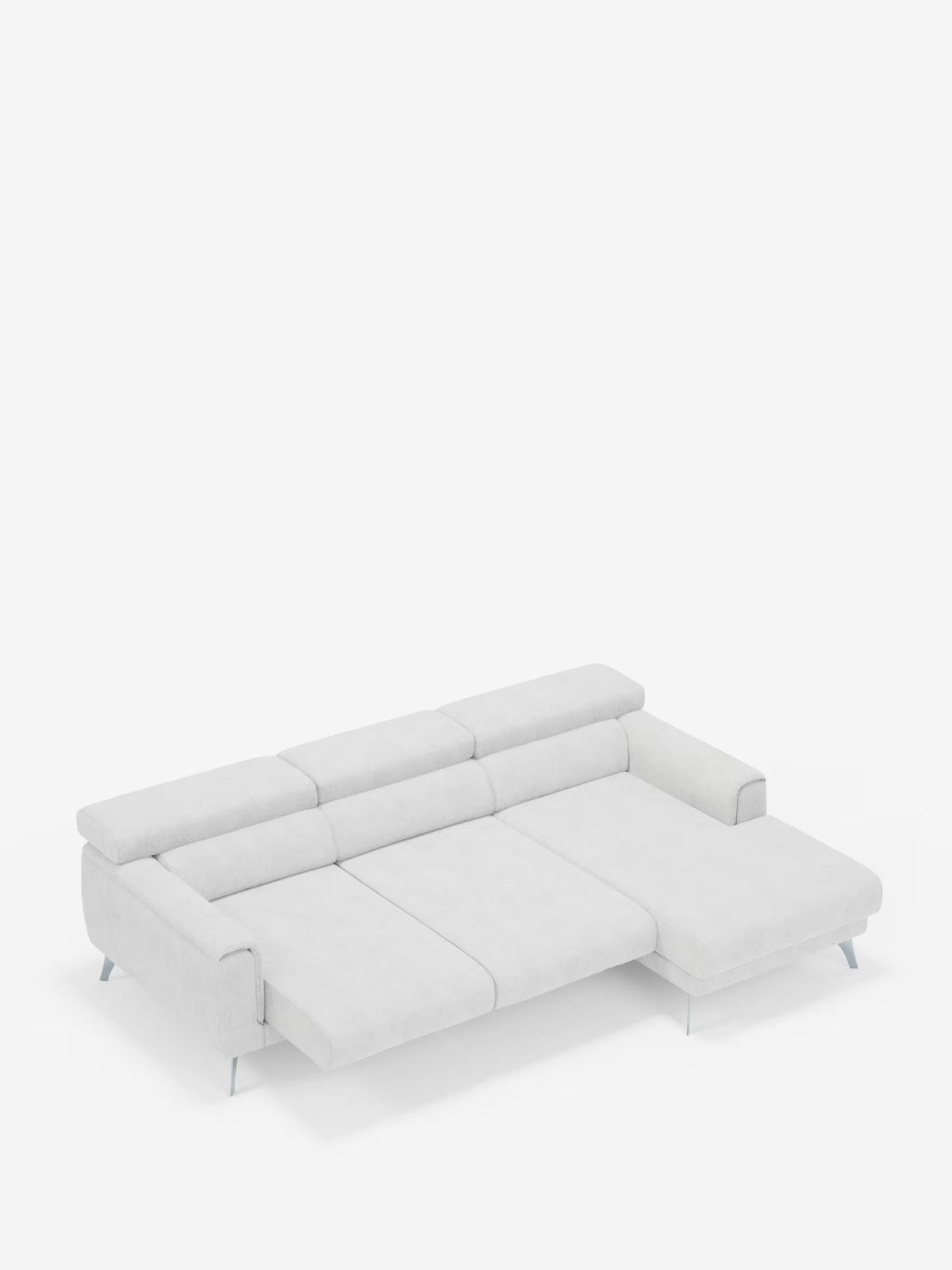 Il divano angolare Caravaggio con penisola e sedute scorrevoli in tessuto smacchiabile T31 di Divani.Store presenta un design contemporaneo in grigio chiaro con poggiatesta regolabili e una spaziosa chaise longue sul lato destro. I cuscini di seduta sono dotati di sedute scorrevoli, che consentono di estenderli fino a ottenere una superficie piana simile a un letto. Sostenuto da sottili gambe in metallo, questo divano minimalista risalta con eleganza su uno sfondo bianco.