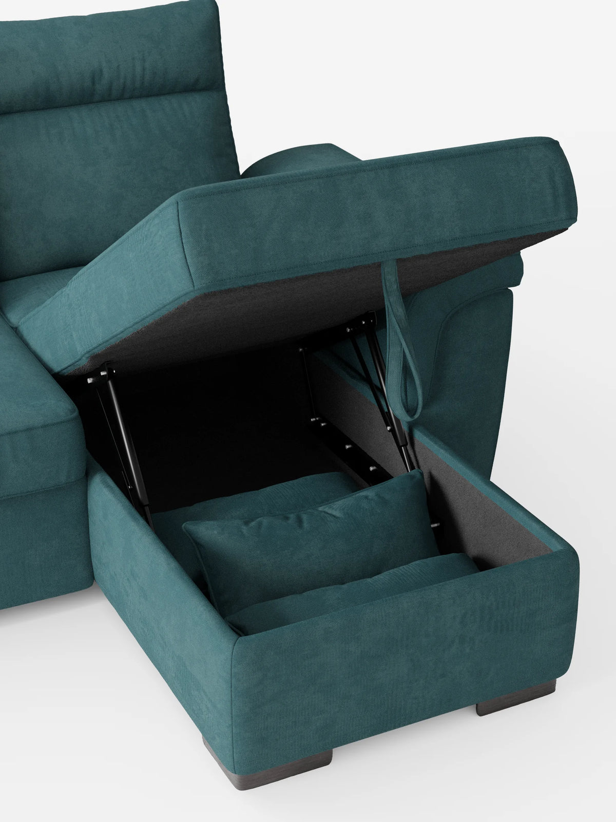 Un divano letto angolare Ischia con schienali scorrevoli, elemento estraibile e penisola contenitore in tessuto antimacchia misto lino, caratterizzato da un divano componibile in tessuto color verde acqua con base contenitore aperta, coperchio sollevabile tramite cinghie e cuscino coordinato.