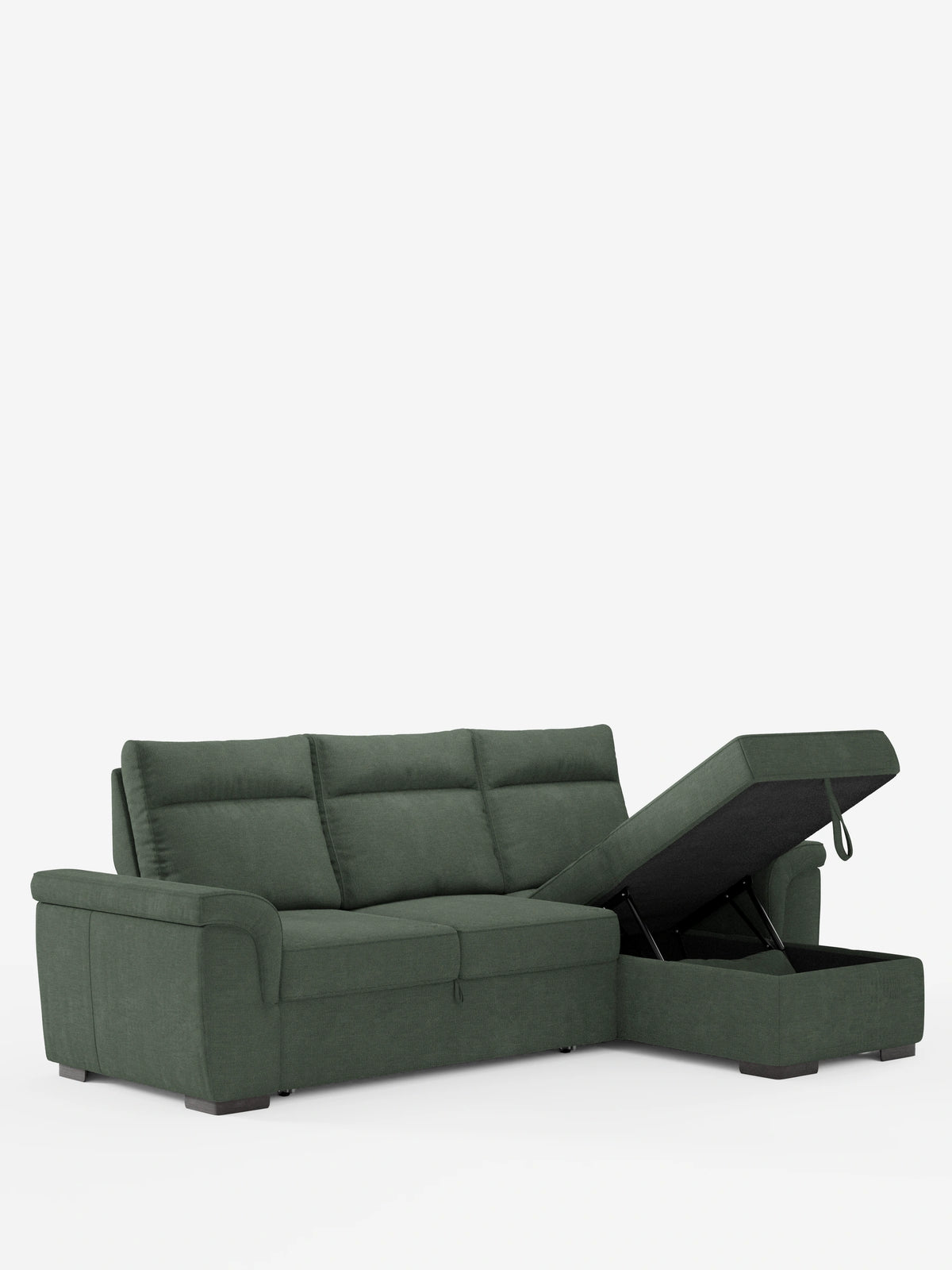 Un divano letto angolare Ischia di colore verde scuro con schienali scorrevoli, elemento estraibile e penisola contenitore con chaise longue rialzata, tre cuscini dello schienale, braccioli imbottiti e tessuto a trama in rilievo su uno sfondo bianco a tinta unita.