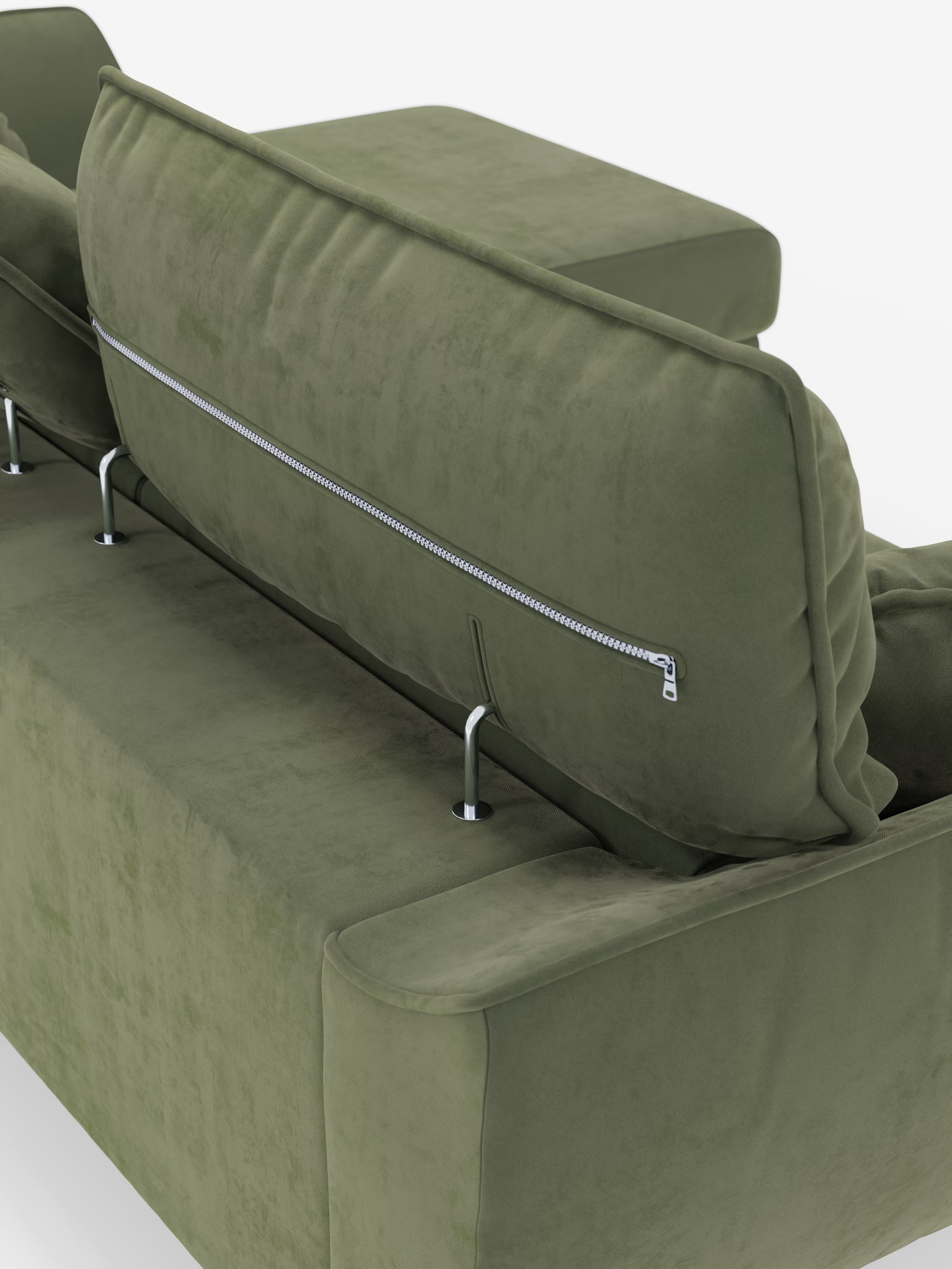Un primo piano del divano angolare con penisola e sedute estensibili “Michelangelo” di Divani.Store, rivestito in raffinato tessuto smacchiabile effetto vellutino T30 color verde oliva, mette in risalto i cuscini dello schienale con cerniere metalliche a vista e i sottili supporti metallici su uno sfondo bianco a tinta unita. Il morbido rivestimento è ideale per creare una zona relax configurabile, e nella parte superiore dell’immagine è parzialmente visibile un pouf.