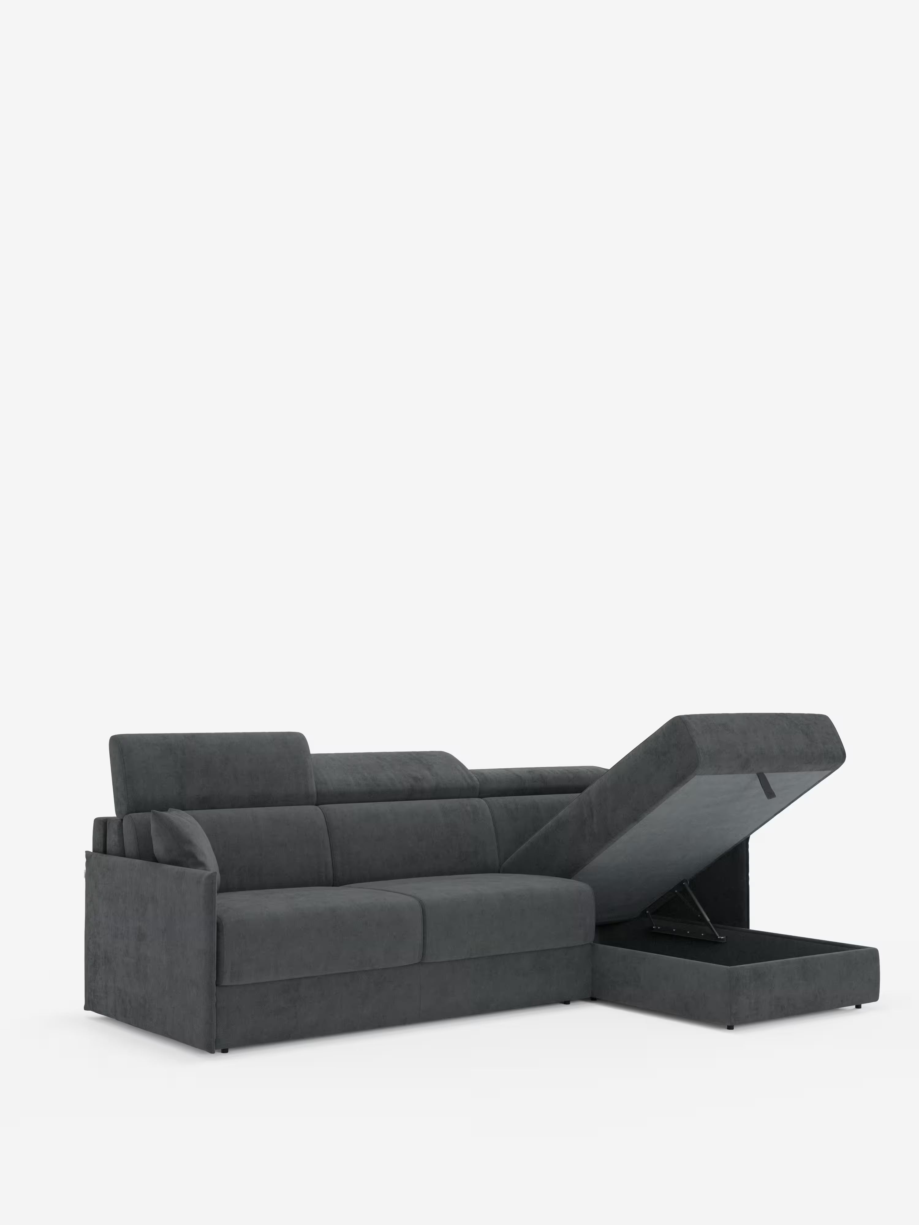 Miryam canapé convertible d'angle compact - têtières inclinables et méridienne coffre en tissu détachable T31