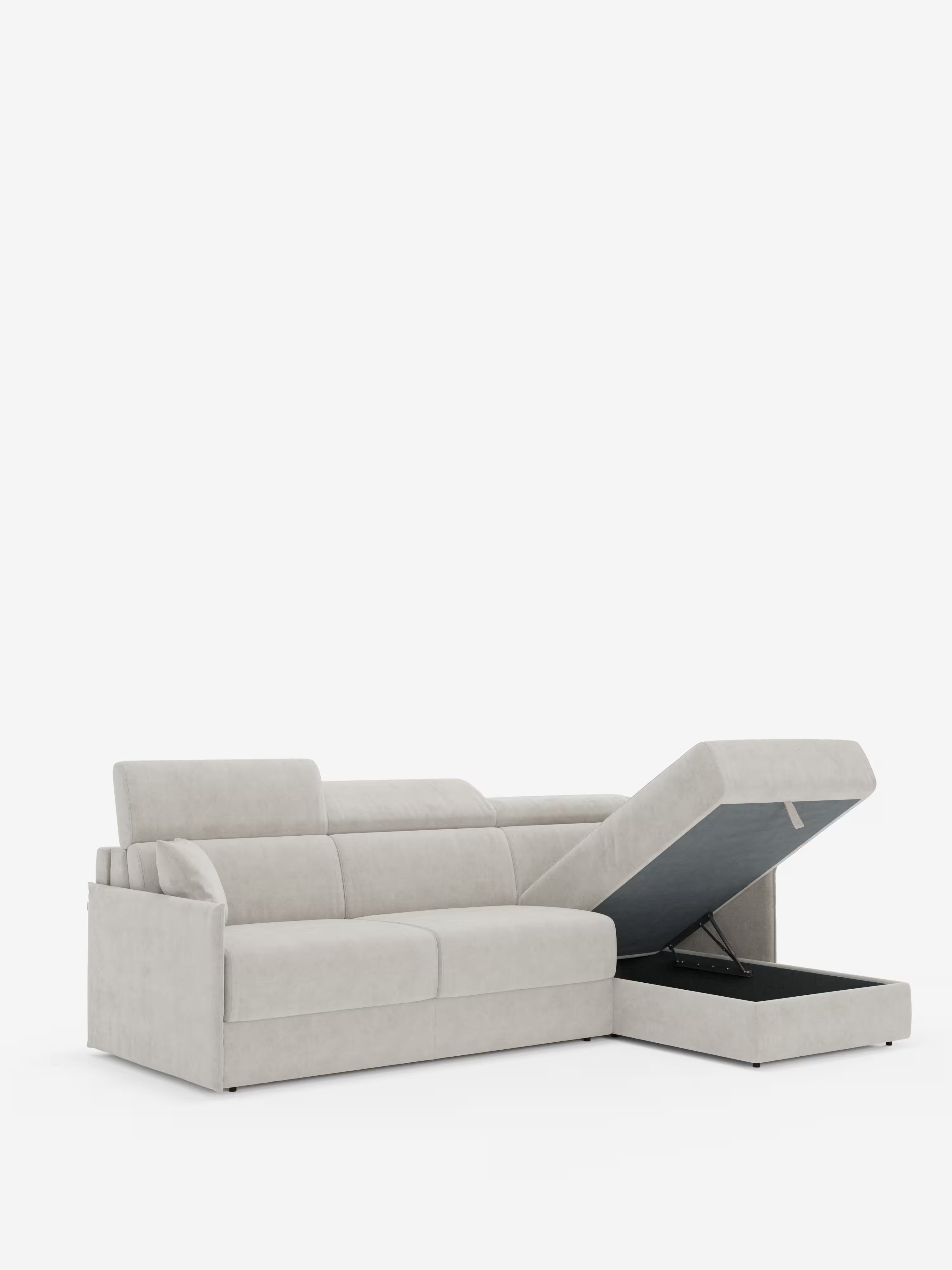 Miryam canapé convertible d'angle compact - têtières inclinables et méridienne coffre en tissu détachable T31