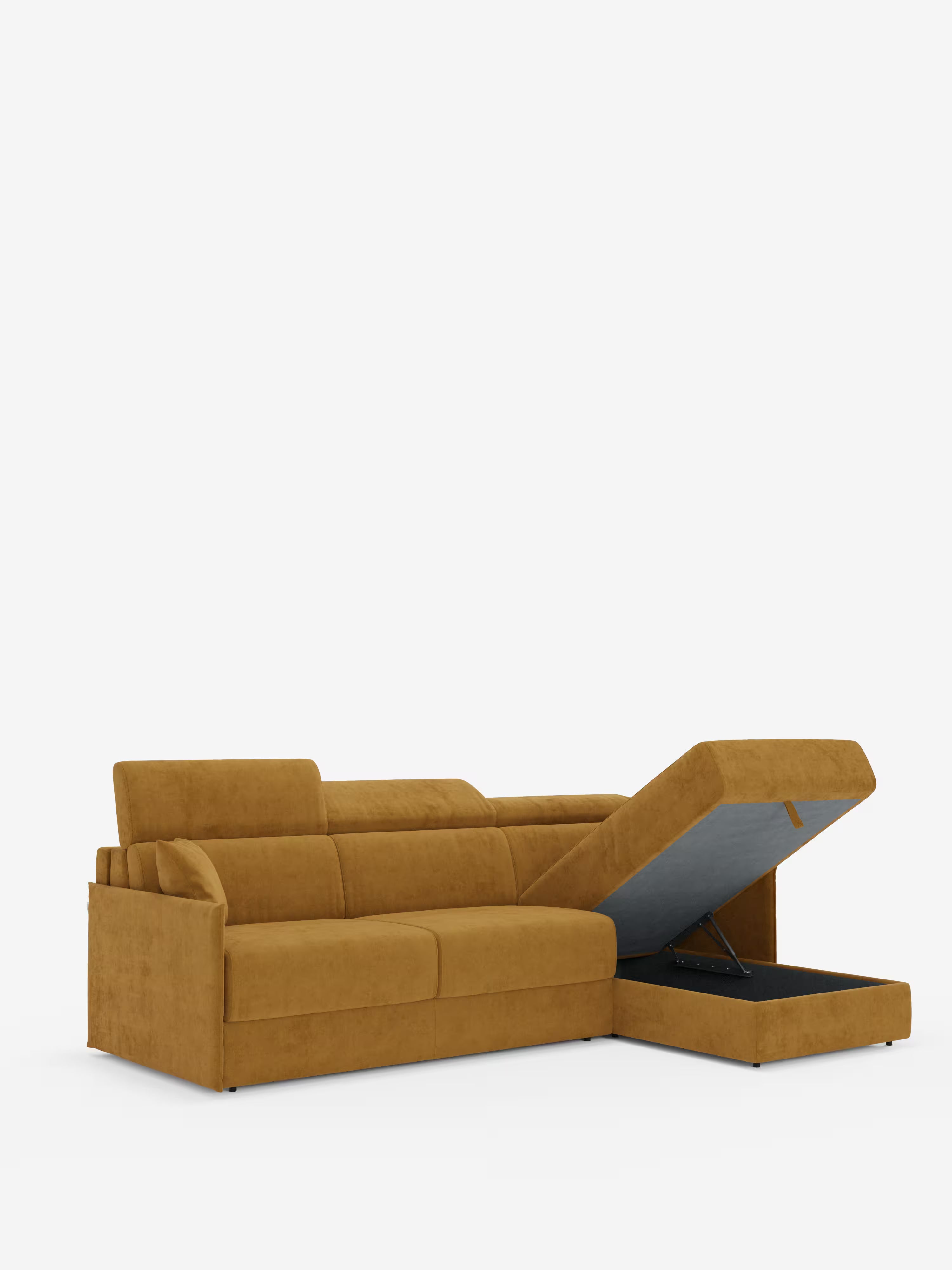 Miryam canapé convertible d'angle compact - têtières inclinables et méridienne coffre en tissu détachable T31