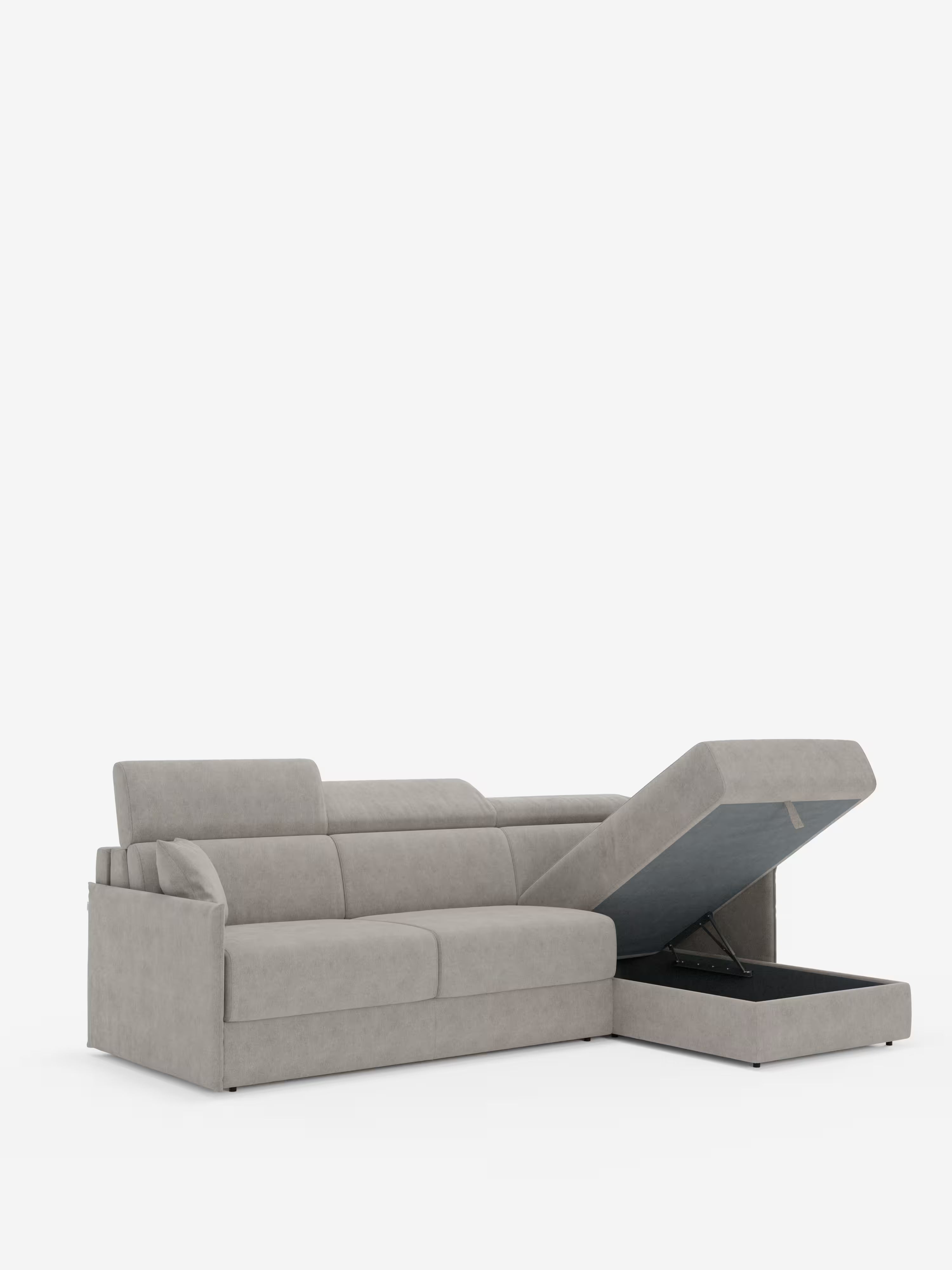 Miryam canapé convertible d'angle compact - têtières inclinables et méridienne coffre en tissu détachable T31