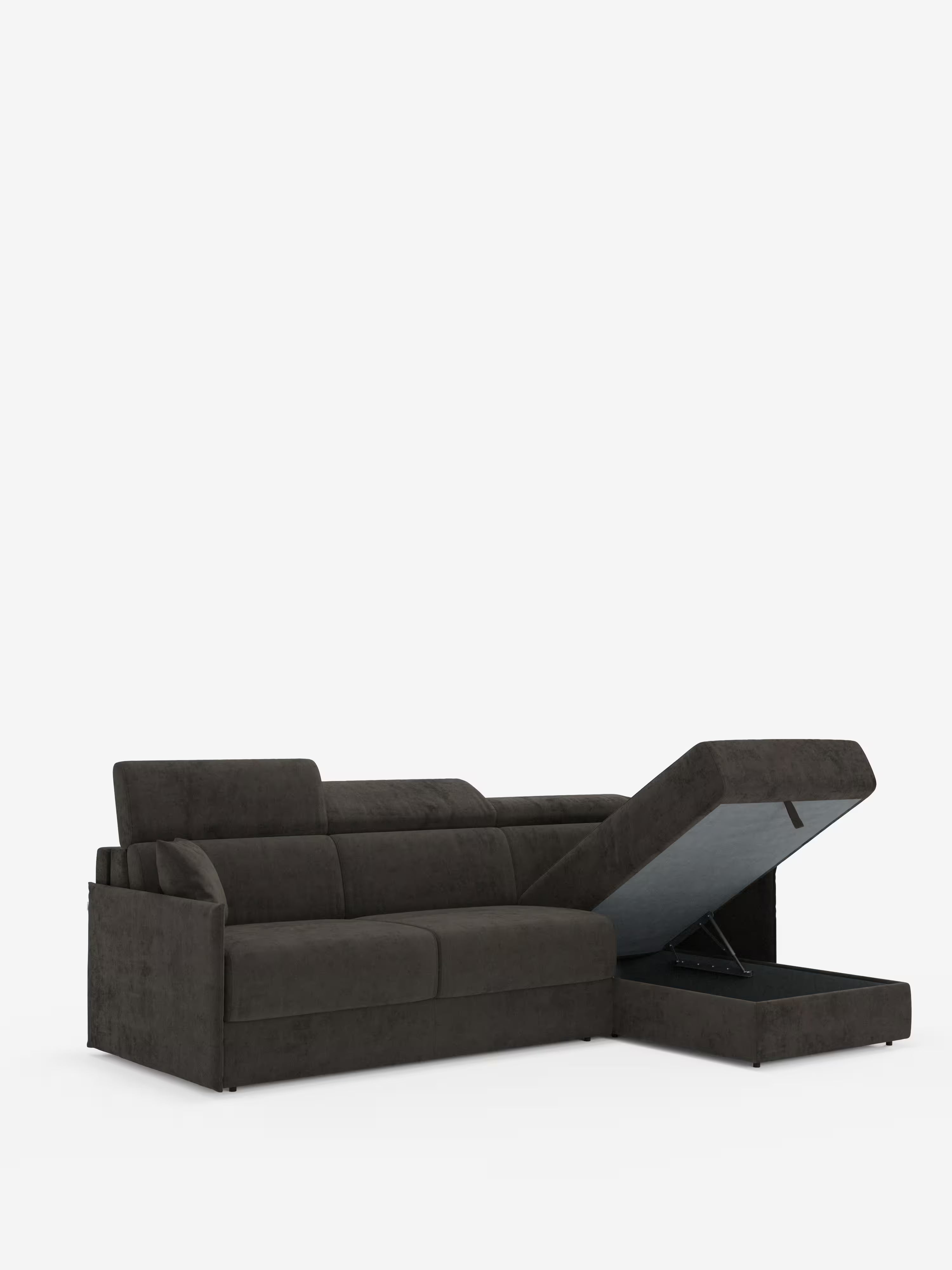 Miryam canapé convertible d'angle compact - têtières inclinables et méridienne coffre en tissu détachable T31