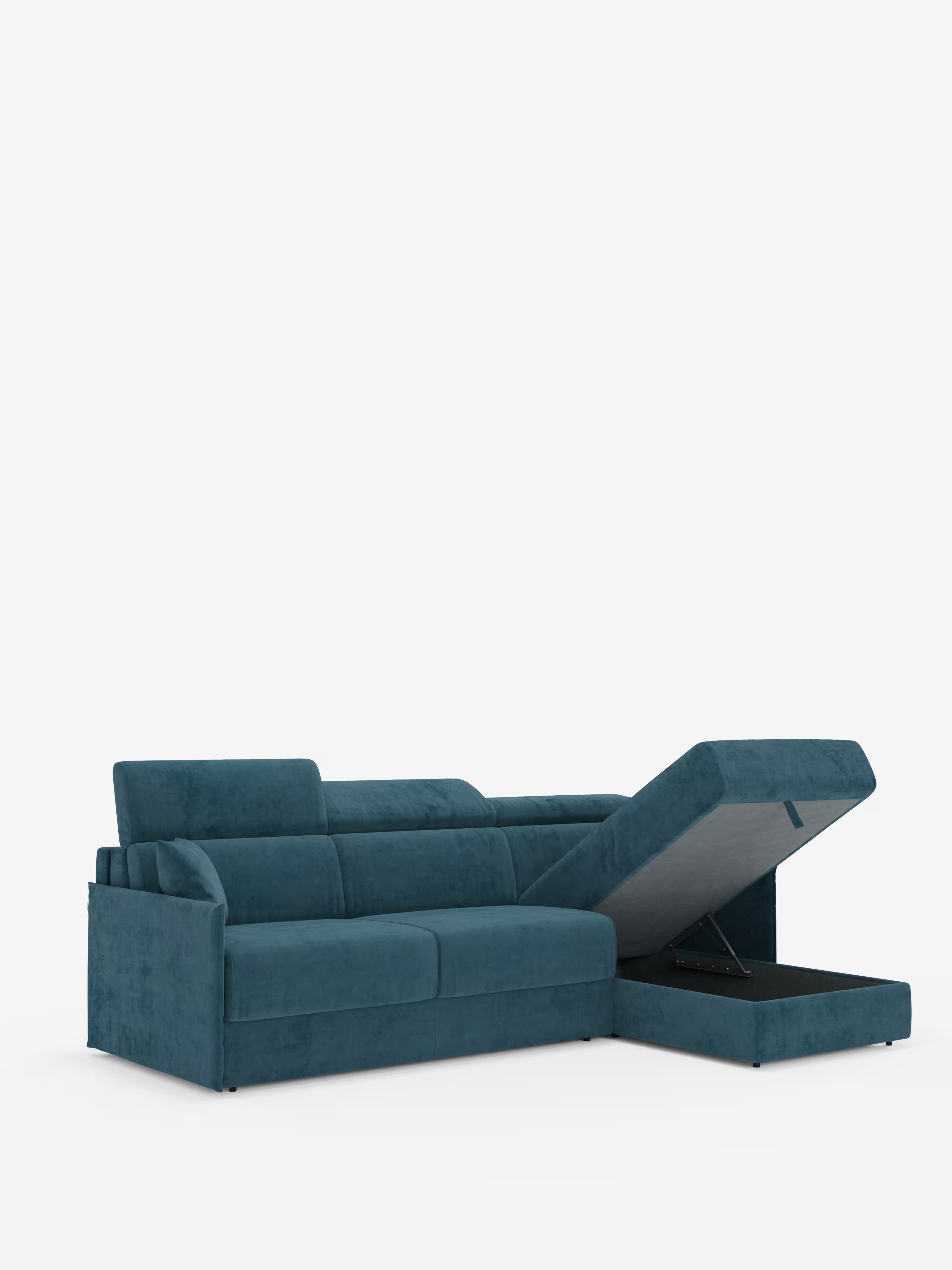 Miryam canapé convertible d'angle compact - têtières inclinables et méridienne coffre en tissu détachable T31