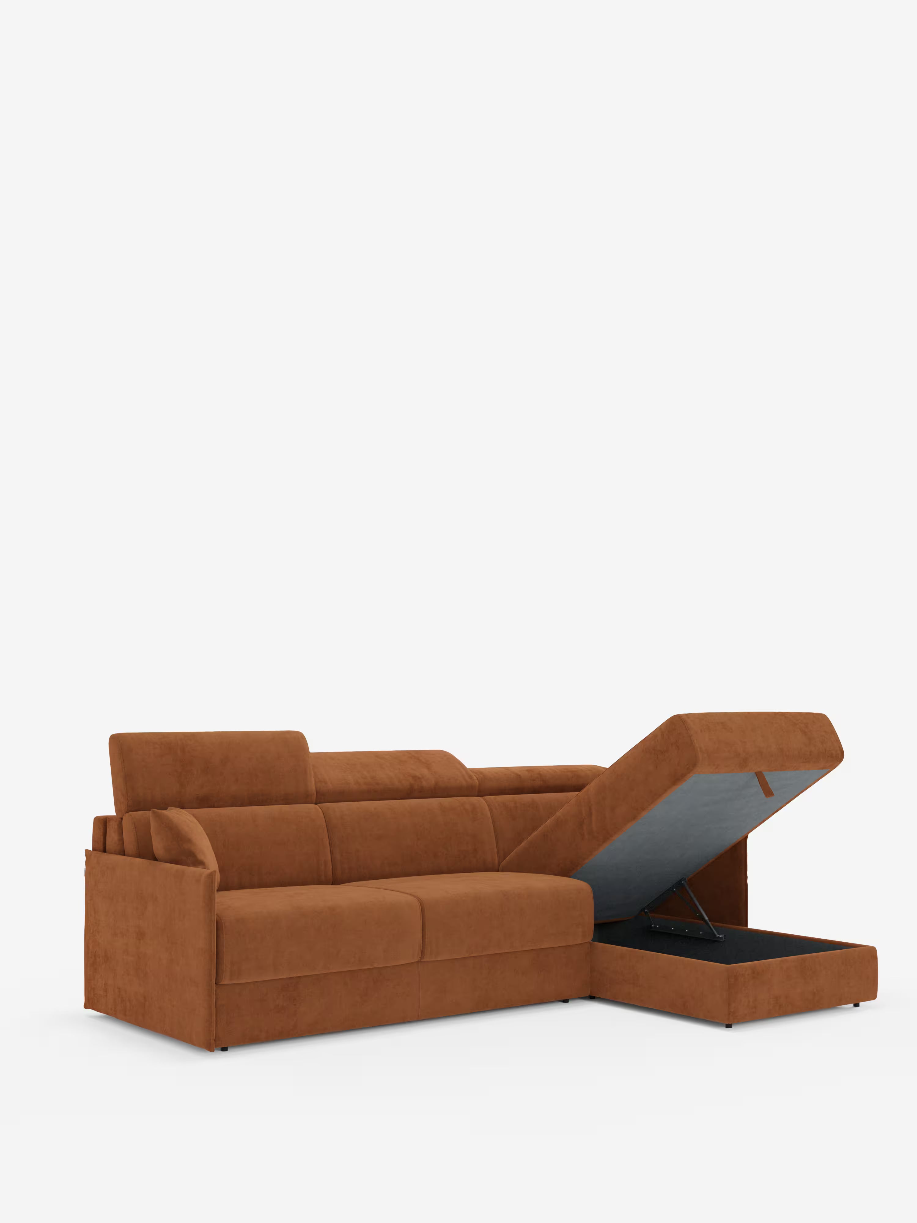 Miryam canapé convertible d'angle compact - têtières inclinables et méridienne coffre en tissu détachable T31