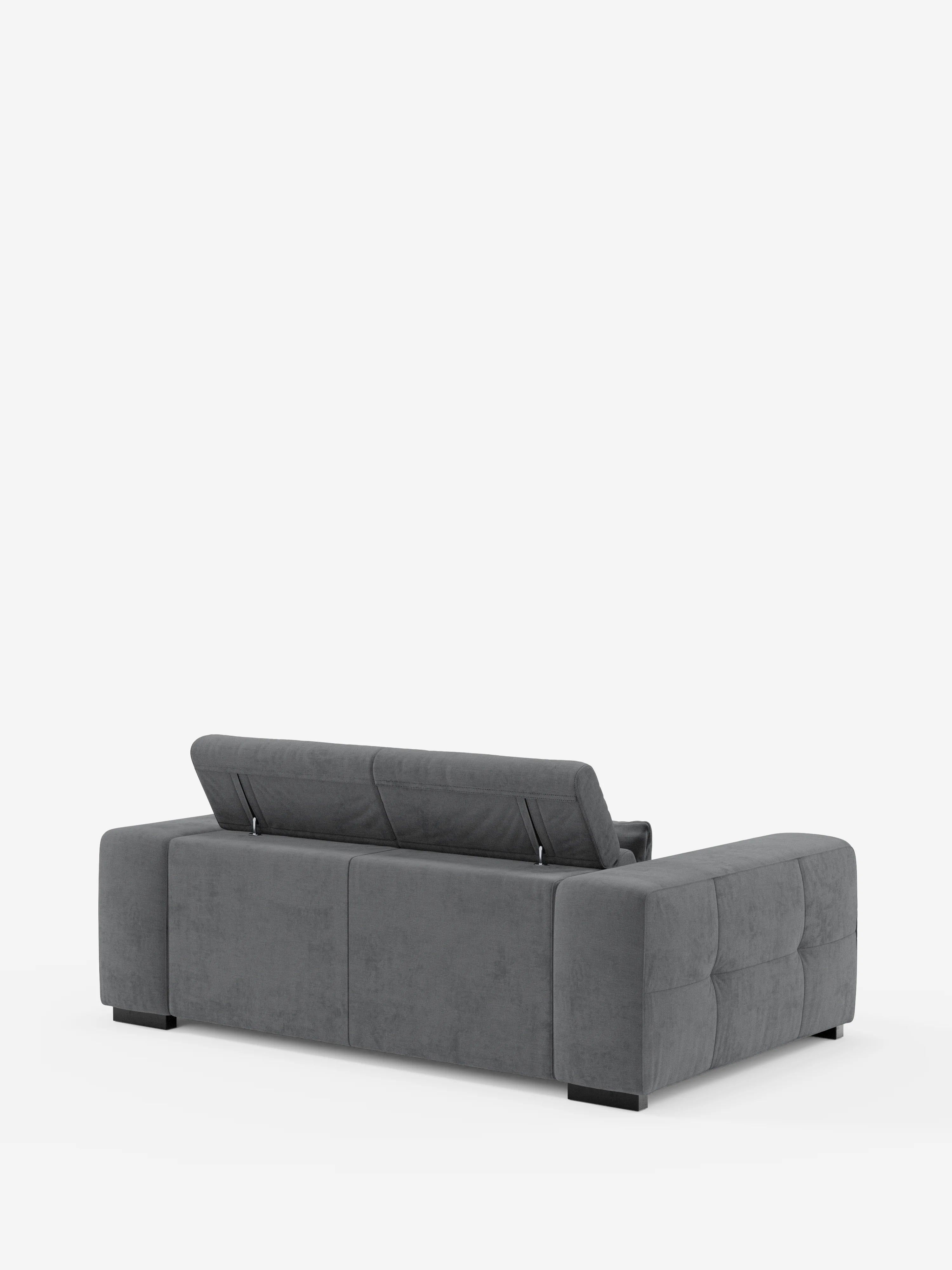 Un divano componibile moderno di colore grigio — il modello Monarch Divano con Relax Elettrico per l'allungamento delle sedute e poggiatesta reclinabile in tessuto morbido smacchiabile T31 di Divani.Store — è ripreso di retro su uno sfondo bianco. Questo divano contemporaneo presenta fianchi e braccioli morbidi con capitonatura quadrata, ispirati al classico design capitonné. Lo schienale è dotato di una sezione divisa con una parte rialzata per il supporto regolabile della testa.