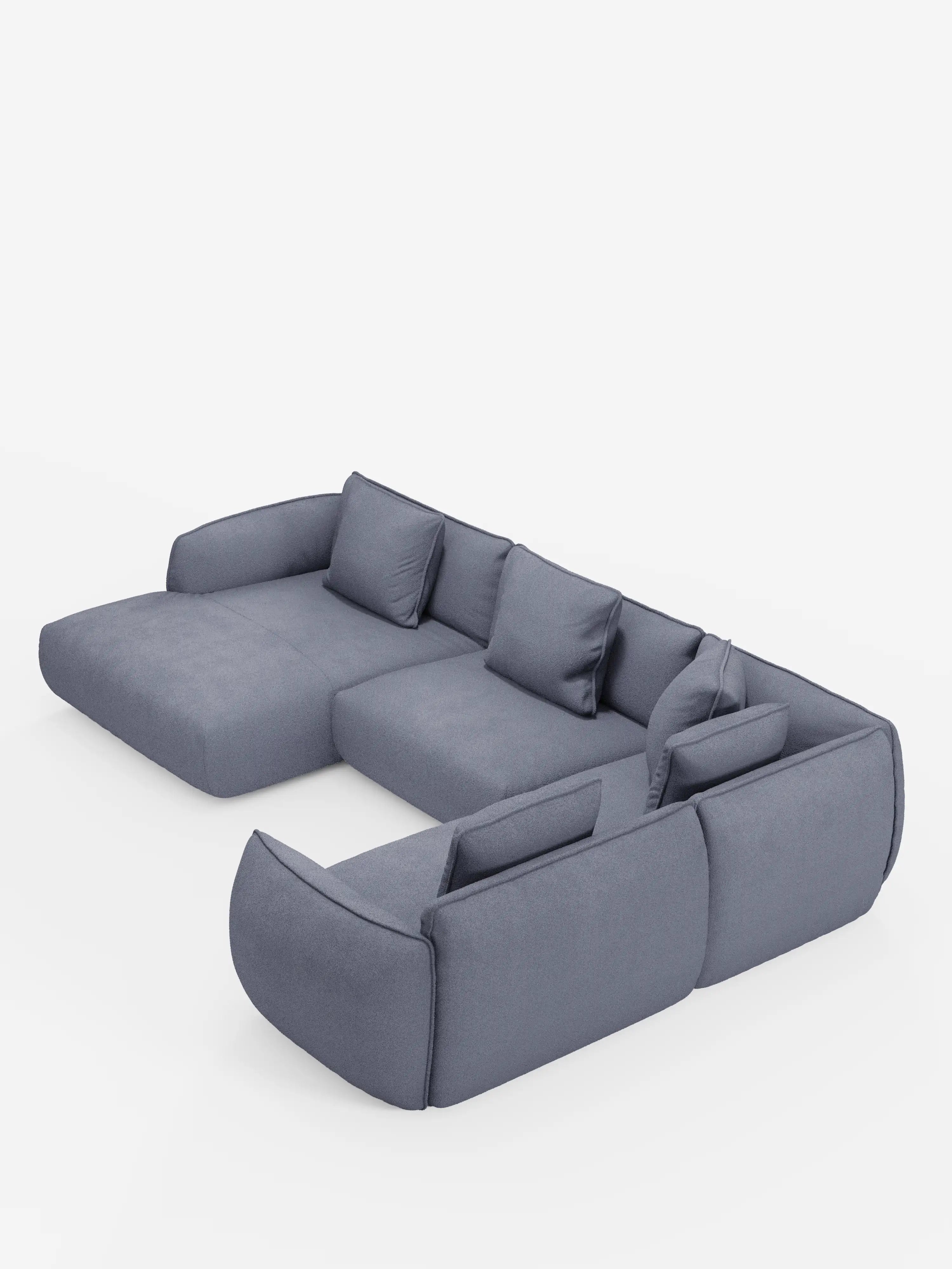 Il divano angolare panoramico componibile Nimbus con penisola e angolo in tessuto smacchiabile T33 di Divani.Store è un moderno divano modulare grigio con morbidi cuscini e ampi braccioli, disposto a forma di L su uno sfondo bianco a tinta unita. Caratterizzato da un design minimalista e corredato da cinque cuscini dello schienale sfoderabili, questo prodotto Made in Italy riflette un’elegante maestria artigianale.