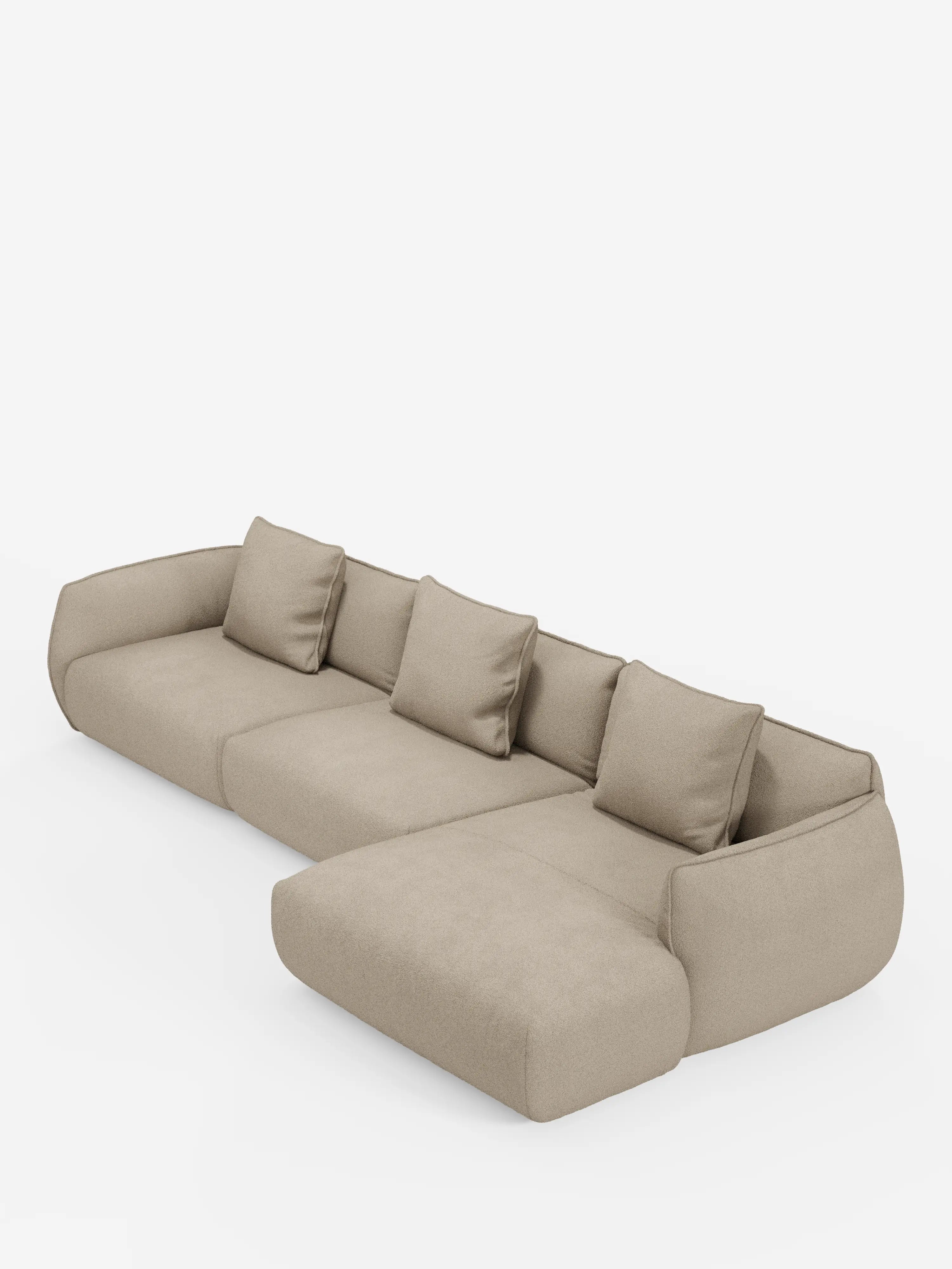 Vi presentiamo il divano angolare con penisola componibile Nimbus di Divani.Store, rivestito in morbido tessuto effetto cotone T33, resistente alle macchie, in beige chiaro. Questo divano in stile moderno è dotato di quattro cuscini dello schienale e di una chaise longue allungata sul lato sinistro. I suoi bordi lisci e arrotondati e la silhouette minimalista lo rendono un complemento d’arredo perfetto per qualsiasi soggiorno contemporaneo, in particolare se abbinato a uno sfondo bianco a tinta unita.
