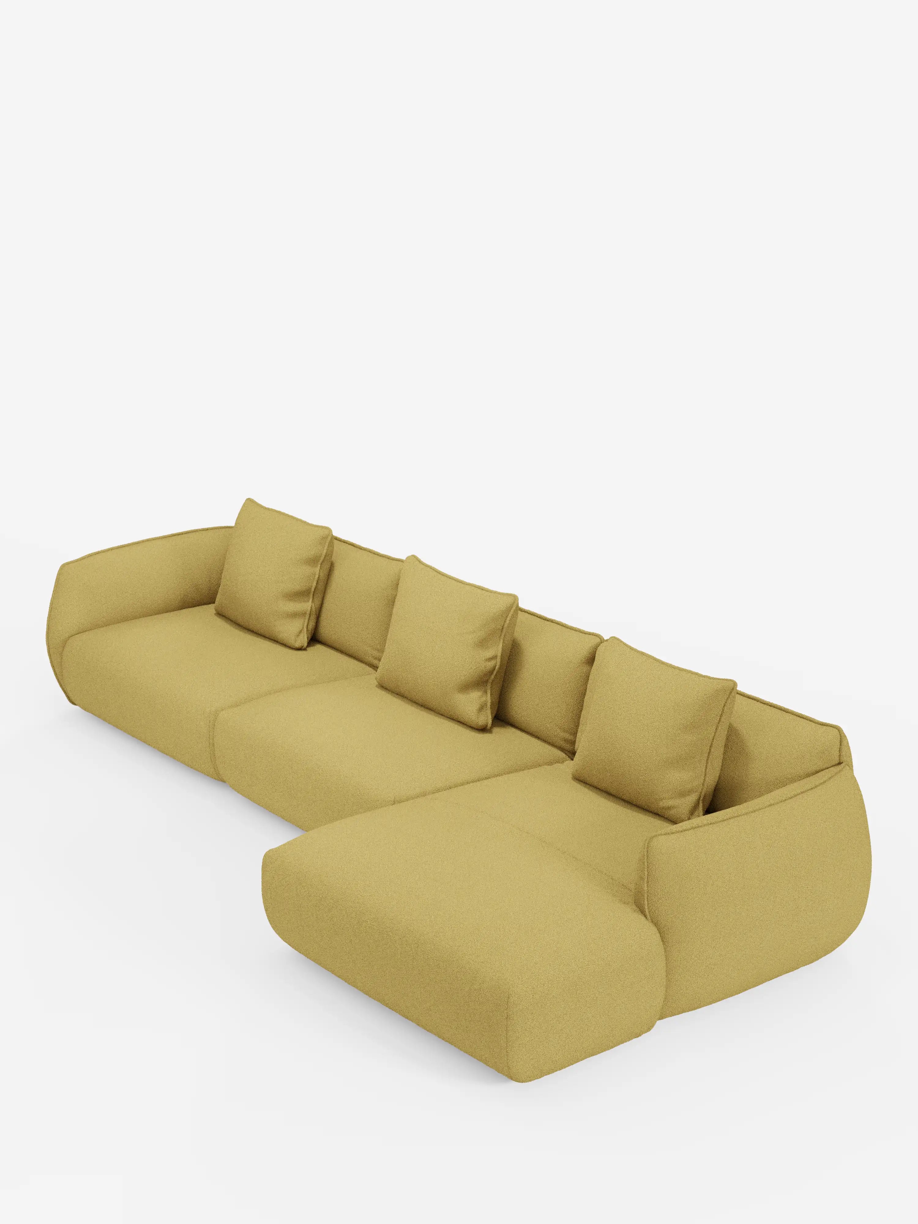 Il divano angolare con penisola componibile Nimbus in morbido tessuto effetto cotone smacchiabile T33 di Divani.Store è un moderno divano a L di colore giallo con quattro cuscini coordinati. Caratterizzato da bordi morbidi e arrotondati e da un profilo basso, presenta una sezione chaise allungata sul lato sinistro. Su uno sfondo bianco a tinta unita, il design di questo divano risalta come elemento principale.