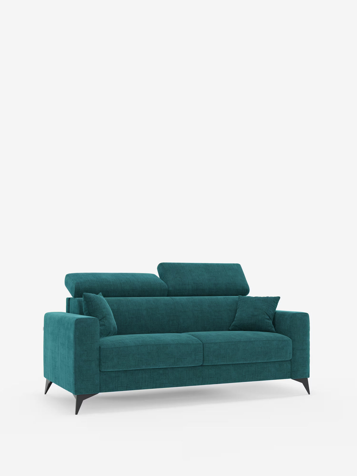 Un divano letto matrimoniale Pegaso in stile contemporaneo di Divani.Store, rivestito in tessuto jacquard color verde acqua antimacchia T22, è dotato di due cuscini di seduta, due braccioli, gambe angolate nere, due cuscini decorativi abbinati e tre poggiatesta regolabili. È esposto su uno sfondo bianco a tinta unita.