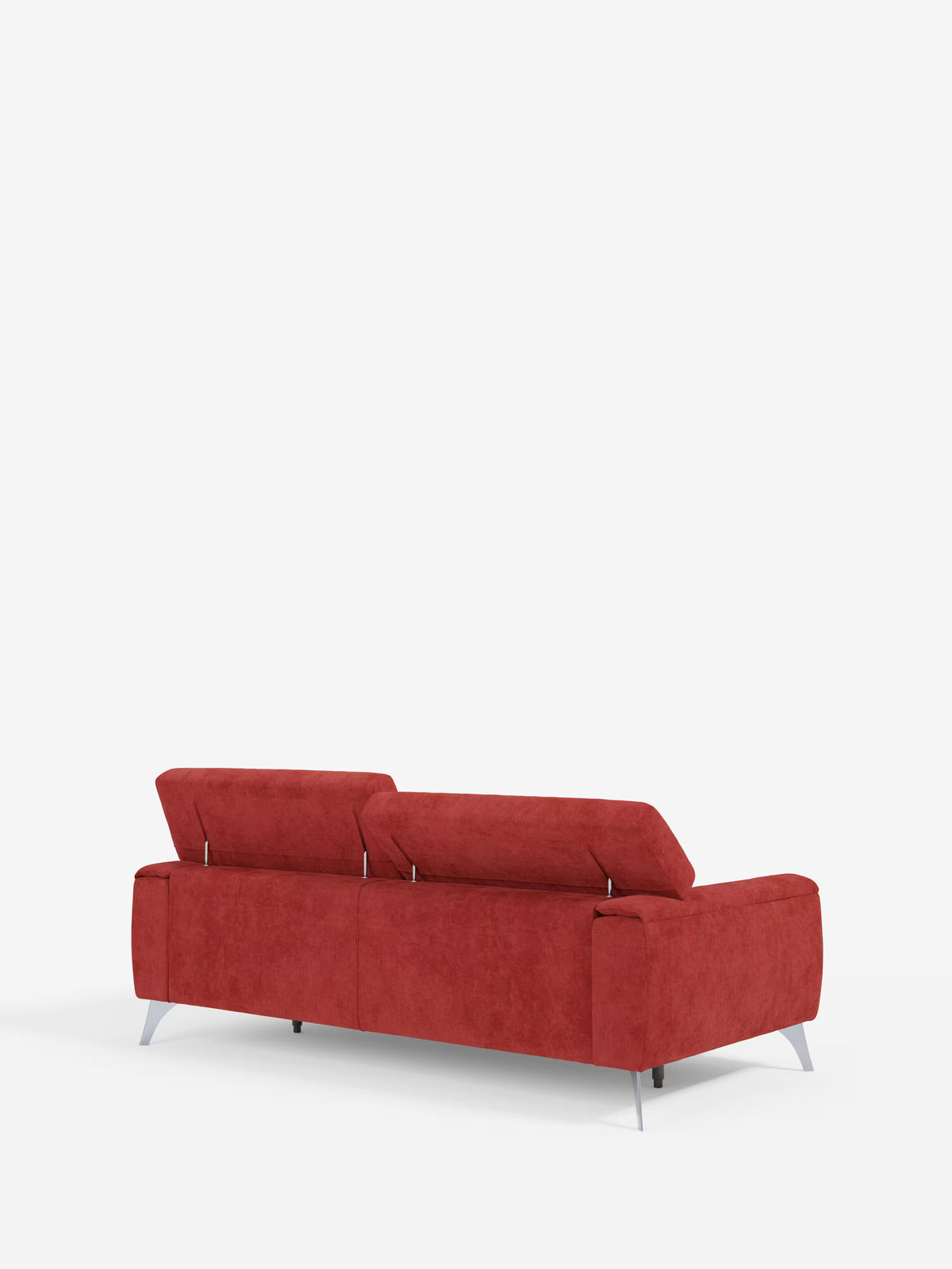 Il divano Caravaggio a 2 e 3 posti di Divani.Store, qui raffigurato di retro, è un divano moderno di colore rosso, rivestito con l'elegante tessuto T31 antimacchia, dotato di due poggiatesta reclinabili e sedute estensibili: l'ideale per un soggiorno contemporaneo. Il suo design minimalista è caratterizzato da raffinate gambe in metallo e risalta su uno sfondo bianco a tinta unita.