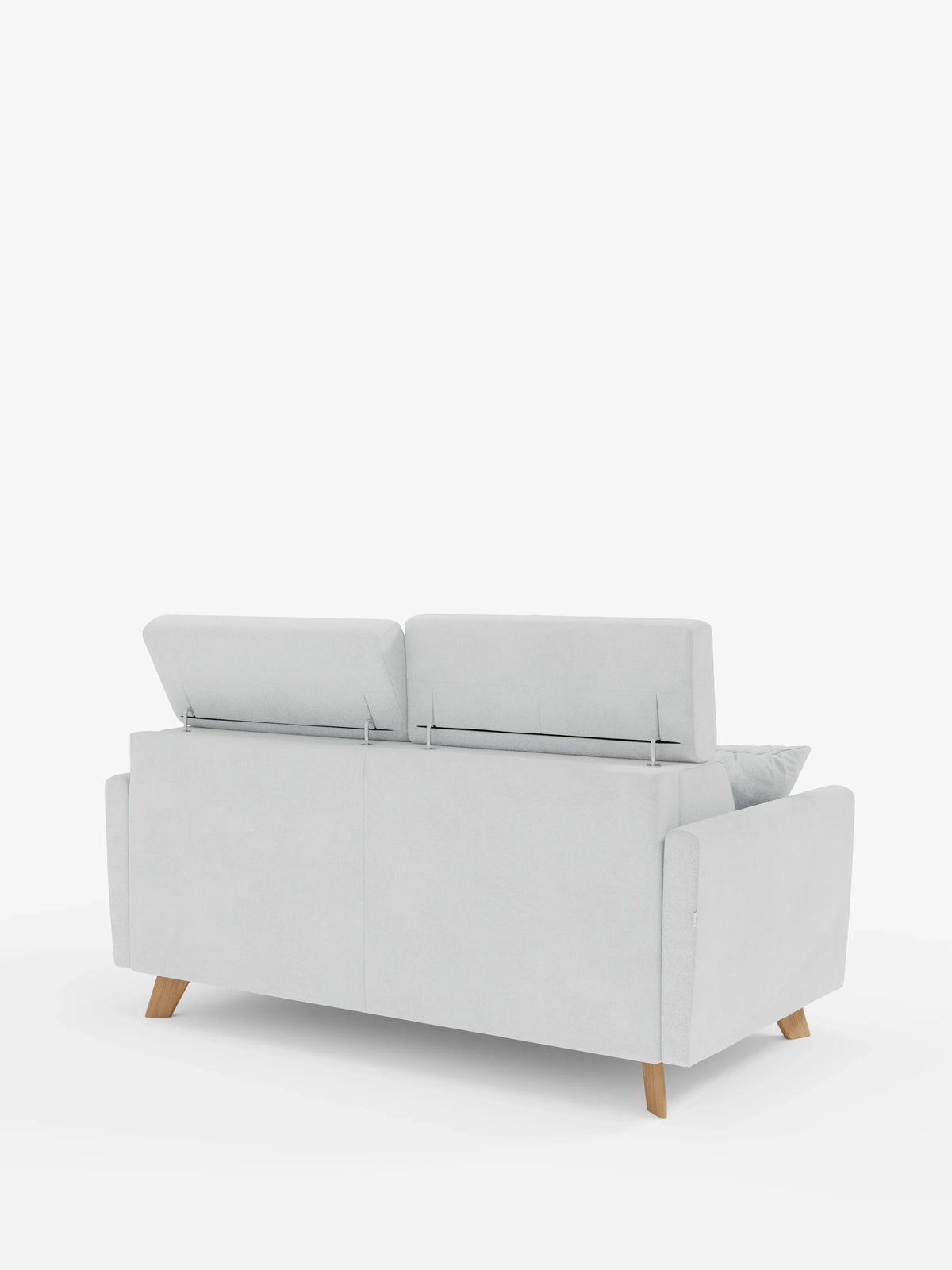 Un moderno divano letto Francy con poggiatesta regolabili di Divani.Store, rivestito in elegante tessuto T30 grigio chiaro resistente alle macchie, presenta gambe angolate in legno a vista ed è raffigurato nella vista posteriore. Entrambi i poggiatesta regolabili sono sollevati e un unico cuscino abbinato grigio chiaro è appoggiato all’interno di uno dei braccioli. La scena è ambientata su uno sfondo bianco minimalista.
