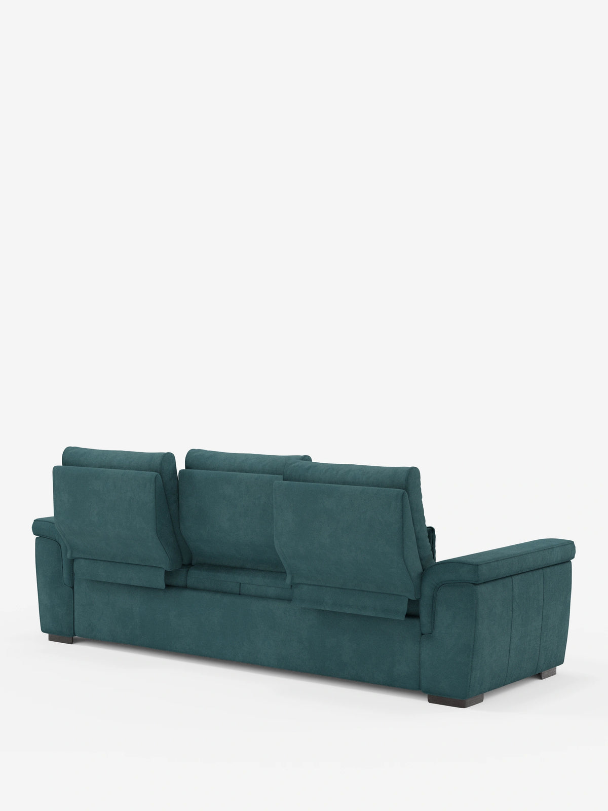 Vista posteriore del divano letto angolare “Ischia” color verde acqua, con schienali scorrevoli, elemento estraibile e penisola contenitore in tessuto antimacchia misto lino, caratterizzato da tre cuscini dello schienale e una chaise longue con contenitore su sfondo bianco.