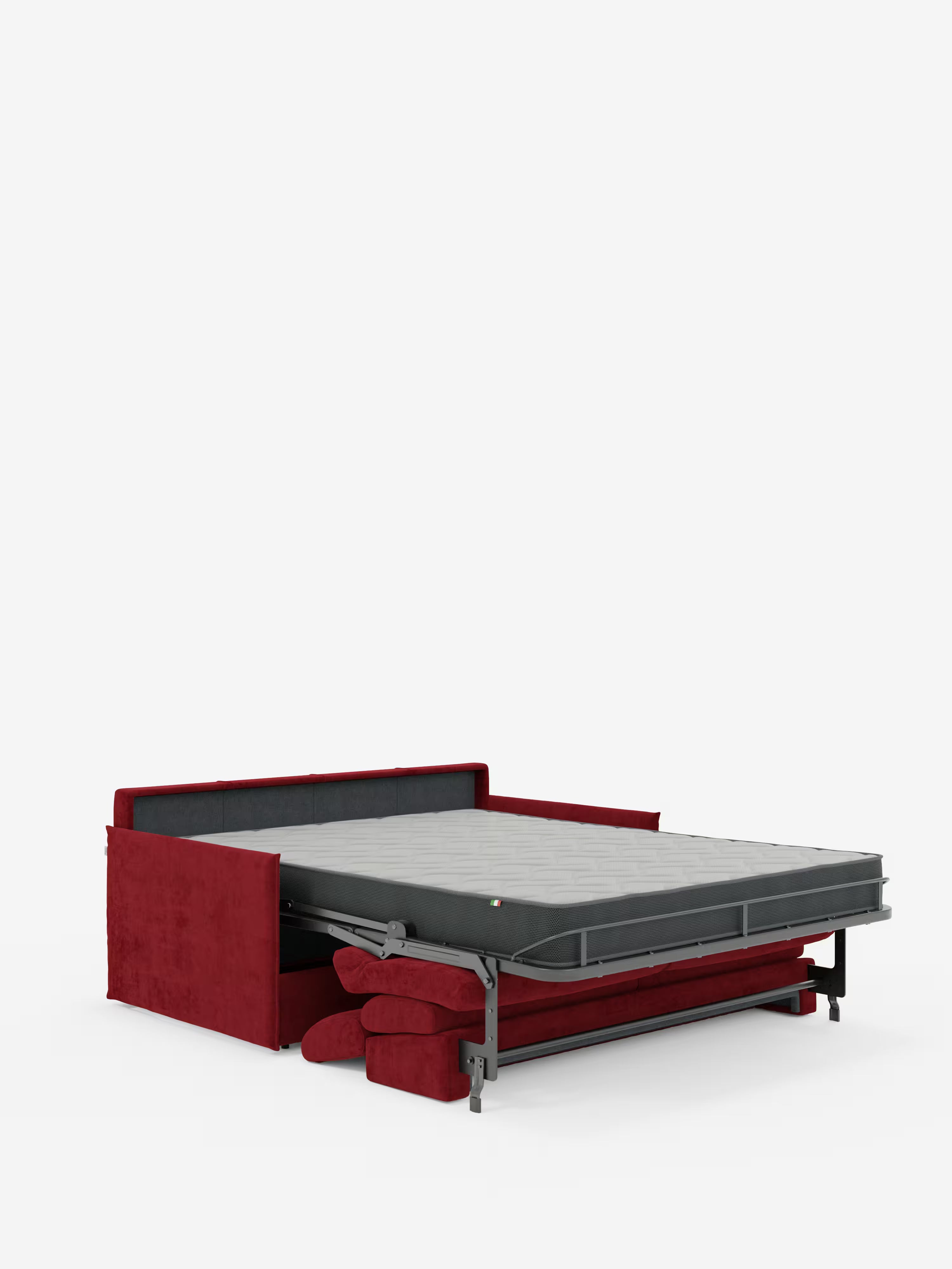 Il divano letto Miryam con poggiatesta reclinabili e comfort maxi di Divani.Store è raffigurato aperto, caratterizzato da un'elegante struttura in metallo e da un materasso piatto di colore grigio. Il meccanismo del letto e i cuscini rossi ripiegati sono visibili sotto il materasso. Con il suo stile minimal contemporaneo e il design compatto in morbido tessuto smacchiabile T31, questo divano letto dona un tocco di eleganza moderna a qualsiasi ambiente. Lo sfondo è bianco a tinta unita.