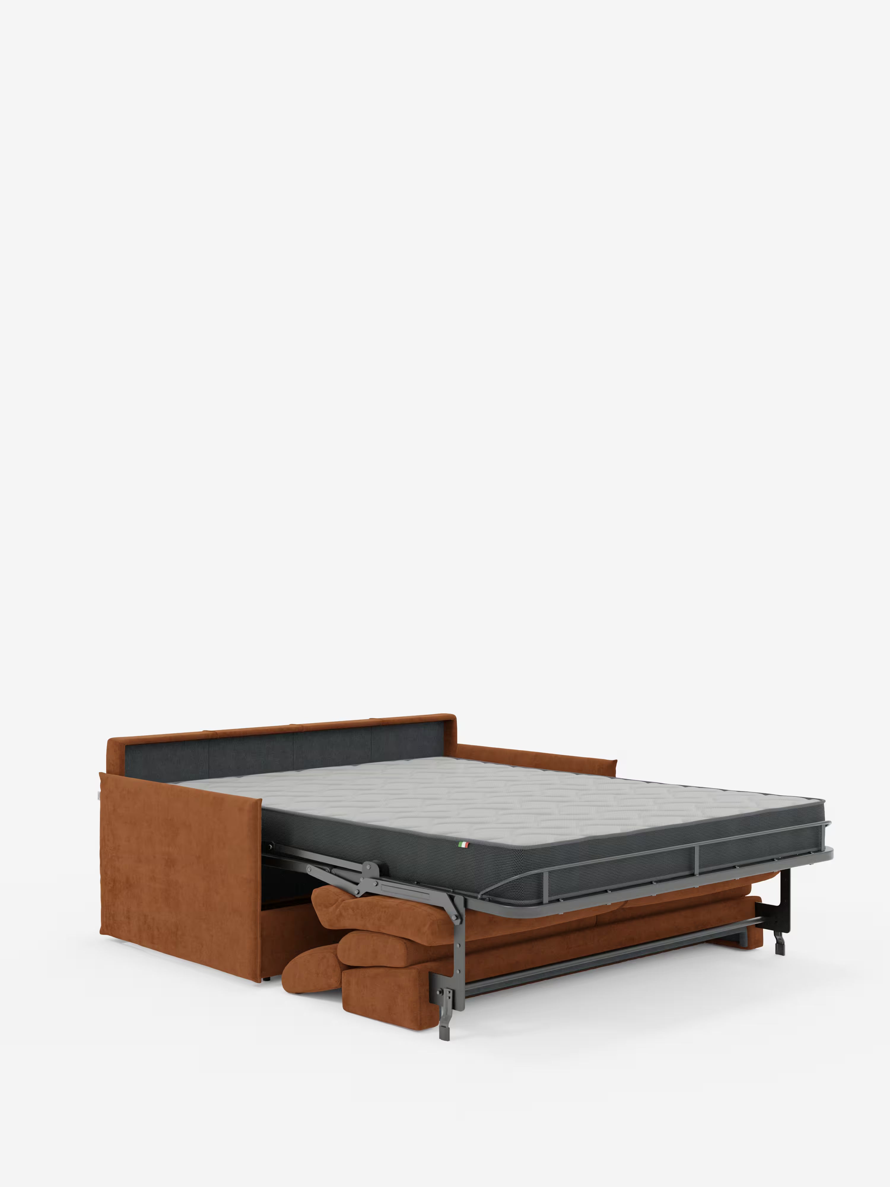 Il divano letto Miryam con poggiatesta reclinabili e comfort maxi di Divani.Store, in una ricca tonalità di marrone, è raffigurato nella posizione da letto. Sono visibili la struttura in metallo e il materasso, mentre i cuscini del divano, disposti con cura, sono riposti sotto la struttura del letto. Questo design compatto, realizzato in morbido tessuto T31 facile da pulire, incarna uno stile minimal contemporaneo su uno sfondo bianco a tinta unita.