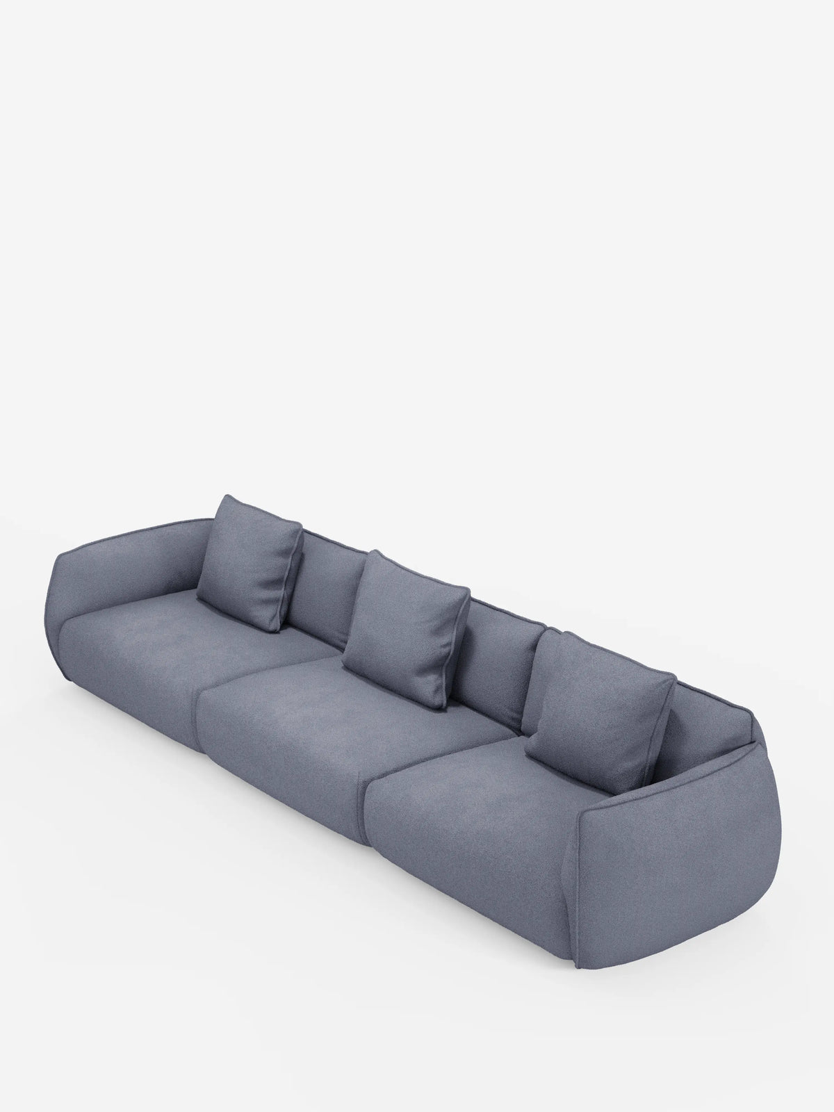 Un divano modulare moderno e dalle linee essenziali, il modello Nimbus a 3 posti di Divani.Store, rivestito in morbido tessuto blu effetto cotone T33, facile da pulire, e completato da cuscini quadrati coordinati. Questo divano sfoderabile presenta bordi morbidi e arrotondati e un design minimalista e lineare, che risalta su uno sfondo bianco a tinta unita.