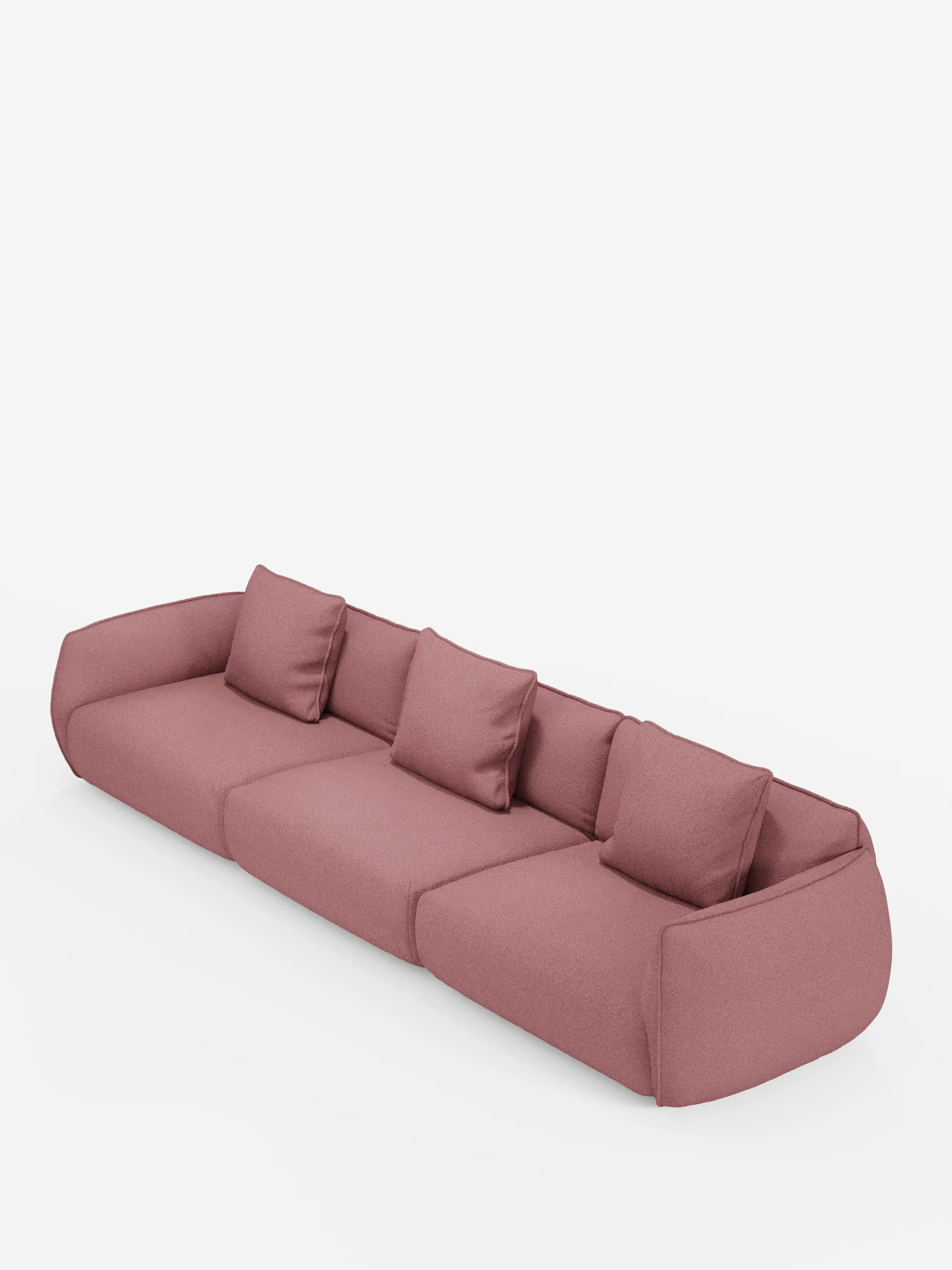 Un divano modulare Nimbus moderno e dalle linee sobrie, color malva, a 3 posti, di Divani.Store, realizzato in morbido tessuto T33 effetto cotone resistente alle macchie, caratterizzato da un design minimalista con bordi leggermente arrotondati, quattro cuscini di seduta e quattro cuscini quadrati abbinati per lo schienale, il tutto su uno sfondo bianco a tinta unita.
