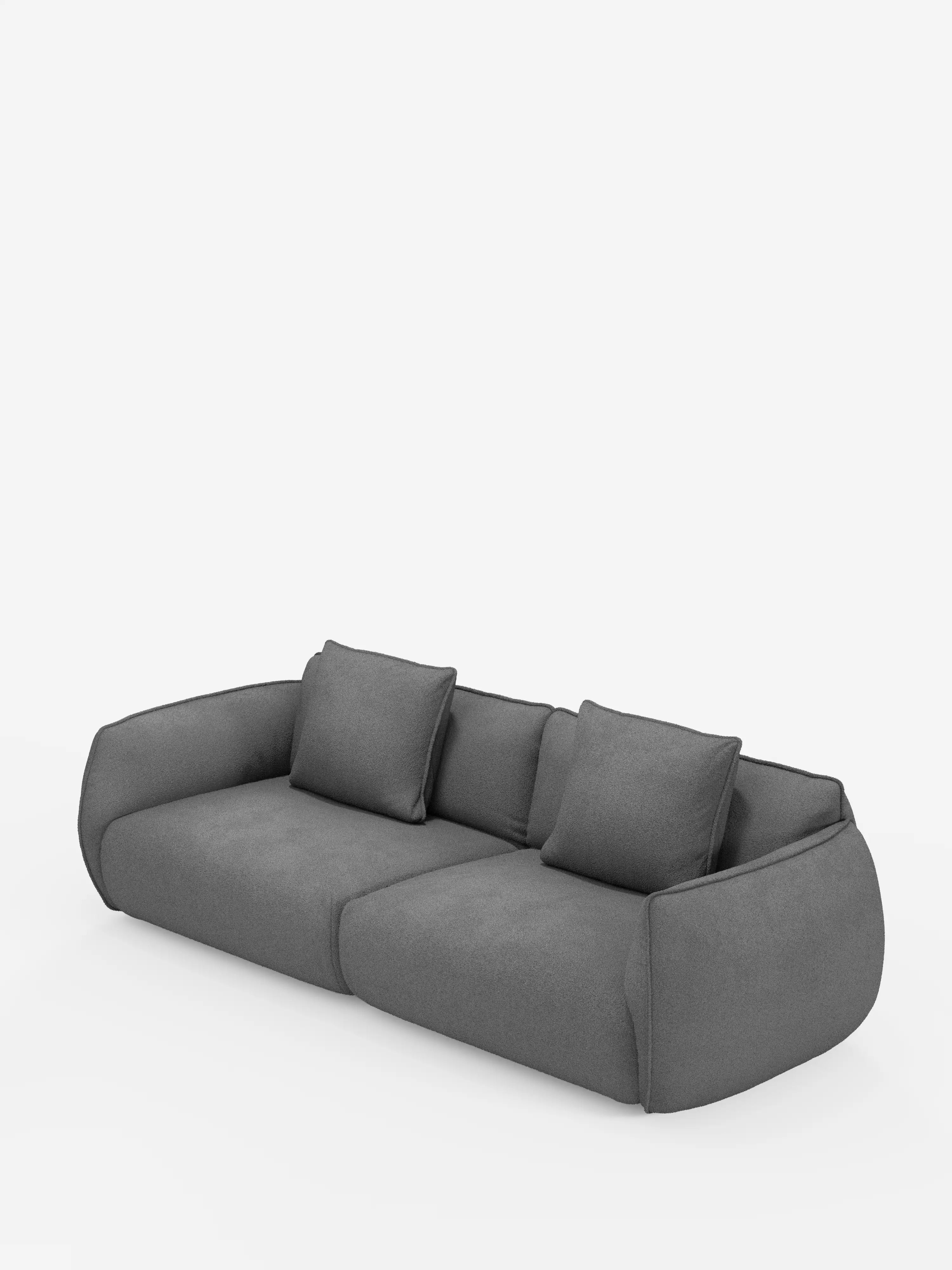 Un divano modulare e componibile Nimbus a 3 posti dal design moderno e dal profilo basso, realizzato da Divani.Store, lungo 250 cm e rivestito in tessuto T33 effetto cotone, grigio scuro e resistente alle macchie. Presenta bordi morbidi e arrotondati, ampi braccioli, due spaziosi vani di seduta e tre cuscini schienali quadrati abbinati con rivestimento soffice e liscio. Il divano è raffigurato su uno sfondo bianco a tinta unita.