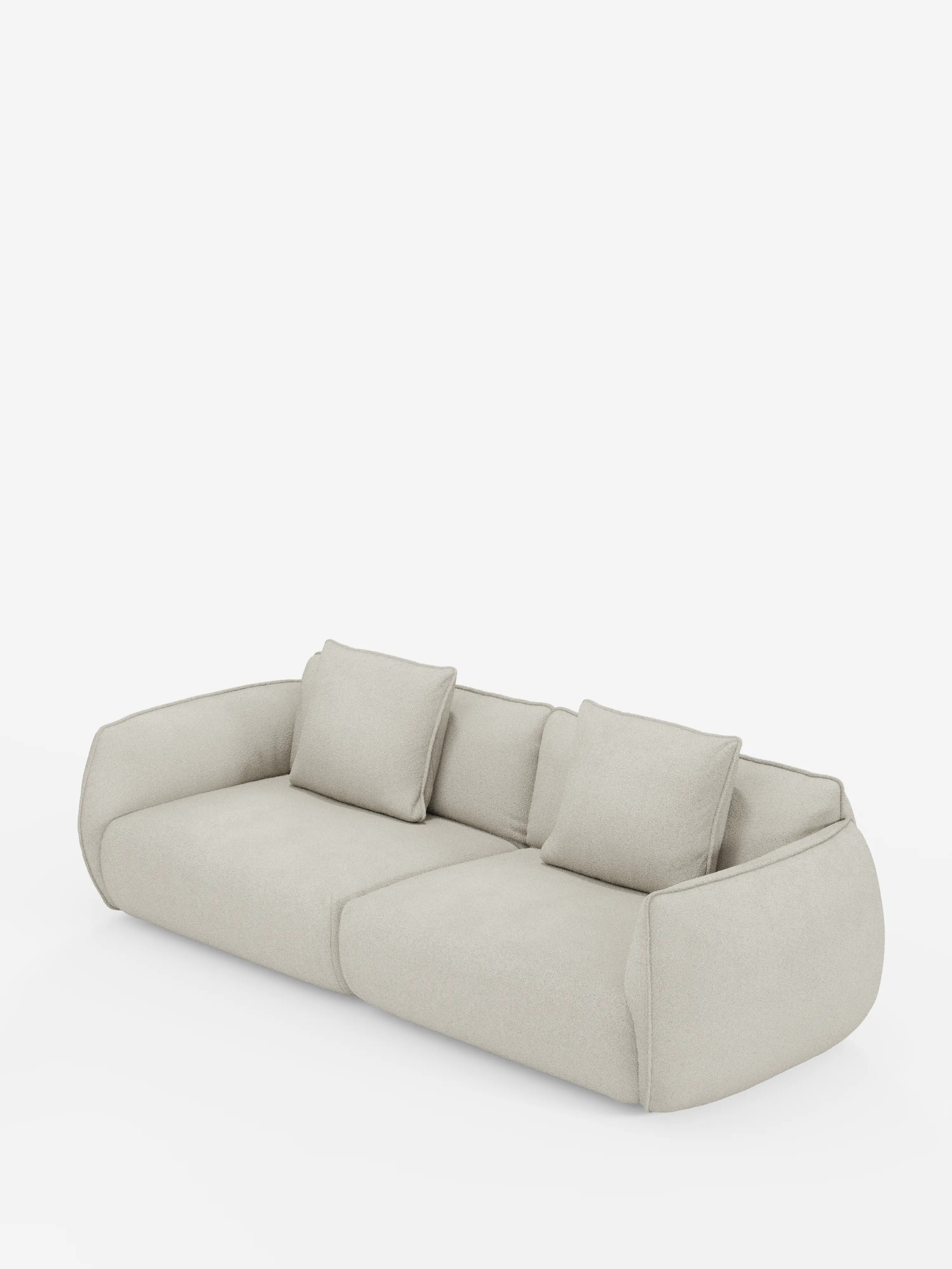 Vi presentiamo il divano modulare e componibile Nimbus a 3 posti di Divani.Store, un divano moderno che misura 250 cm e è rivestito in tessuto sfoderabile e antimacchia con effetto cotone (t33). Questo divano color beige chiaro presenta un profilo basso, bordi arrotondati, due cuscini di seduta, tre cuscini schienale quadrati abbinati e braccioli morbidi e imbottiti. Immagine raffigurata su sfondo bianco a tinta unita.