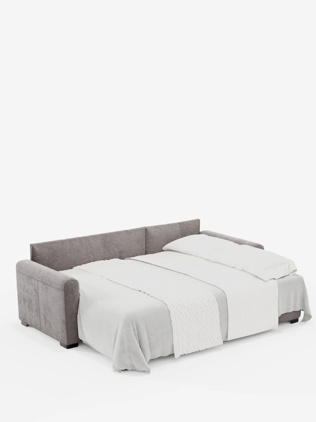 Il divano letto Ottaviano con letto estraibile – penisola reversibile e contenitore in tessuto materico smacchiabile è un divano componibile grigio che si trasforma in una superficie piana per dormire, completa di lenzuola bianche e cuscino, caratterizzato da un tessuto materico e da piedini scuri.